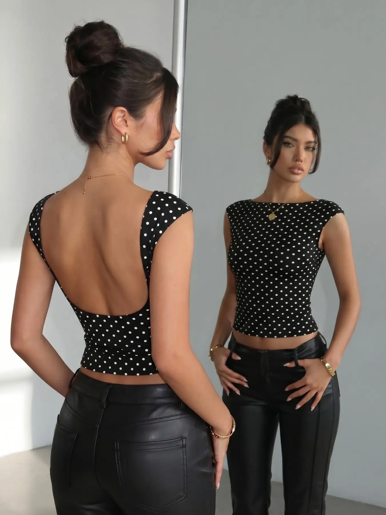 Women Retro Vintage Black White Polka Dot Backless Crop Blouse, Summer Soft Stretch Material, Boat Neck Cap Sleeve Big Open Back Slim Fit Hem, Urban Street Shooting Elegant Dotted Short Fitted Top, Backless Fitted Shirt #tiktokviral #womenscasual