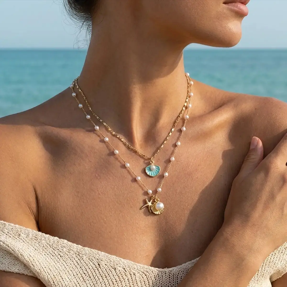 Gold Plated Boho Layered Necklace for Women with Shell, Starfish & Pearl Bead Charms, Adjustable Summer Beach Accessories