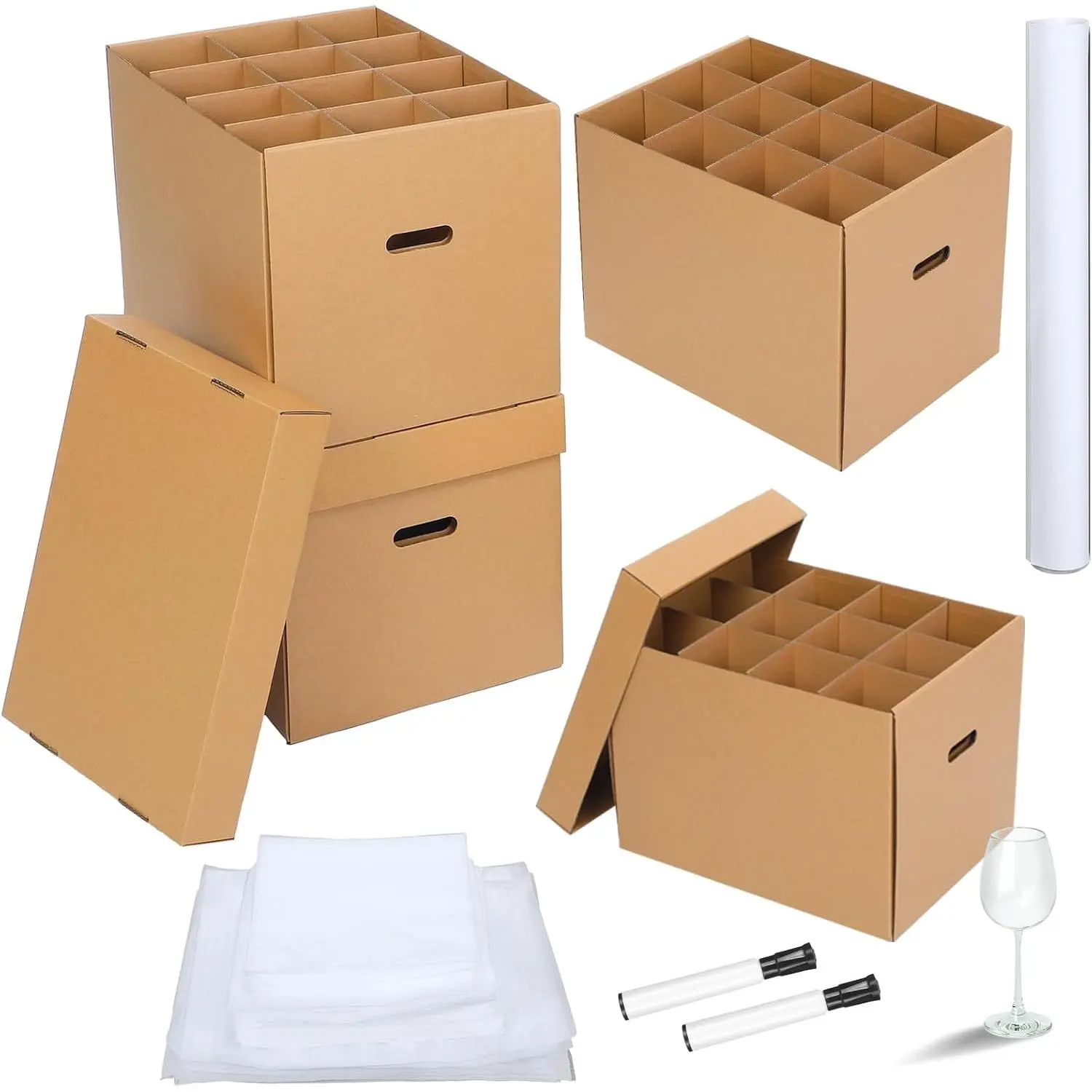 4 Pack Moving Boxes for Dishes 16 x 12 x 12"  Glass Packing Boxes for Moving with Handle  Kitchen Kit and 72 Dish Glass Inserts Packing Papers Black Marker Pens