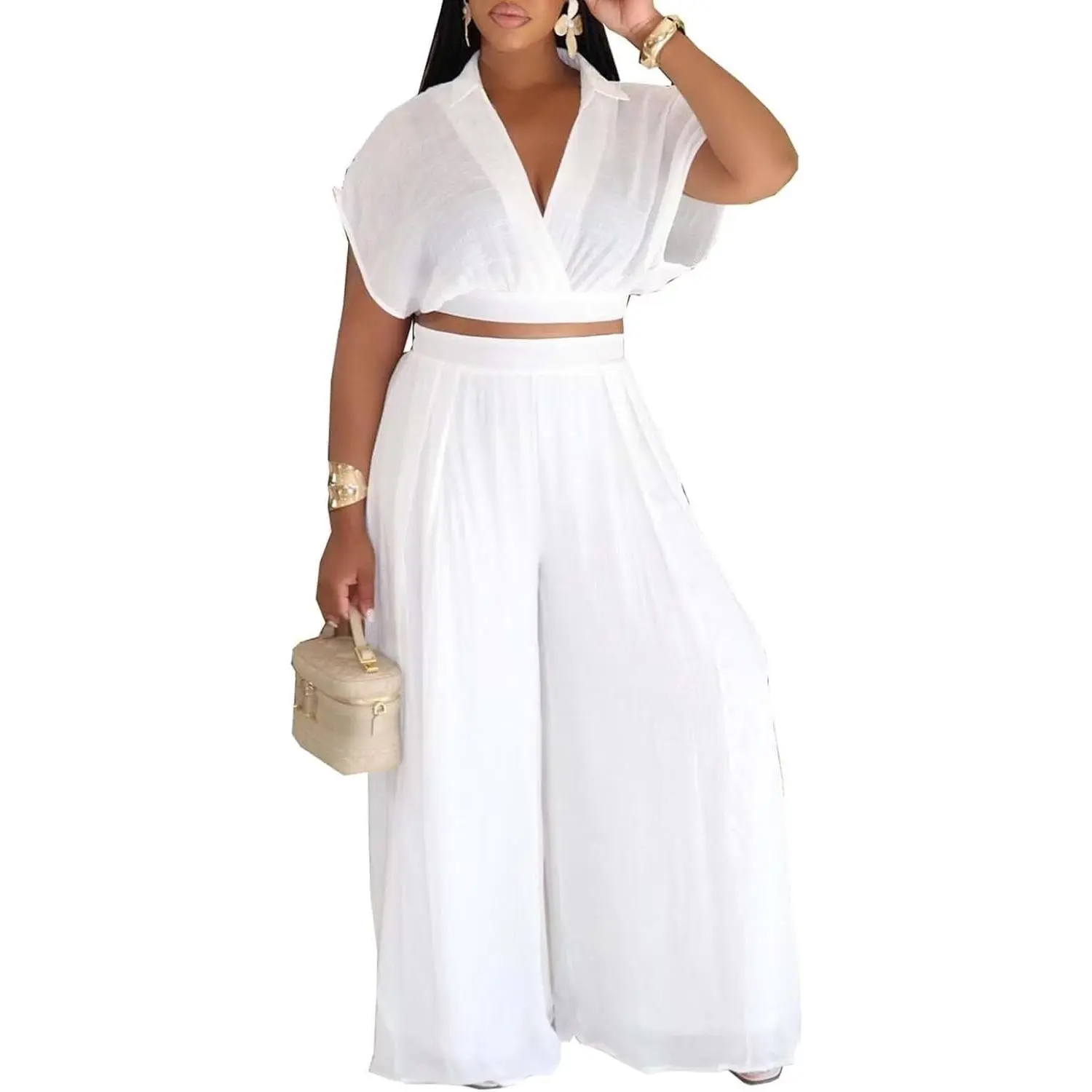 Women's Summer 2-Piece Matching Rayon Outfits - Sexy Short Crop Top with Wrap V-Neck Batwing Sleeves, Wide Leg Pants, Cap-Accent Casual Vacation Blouse Set