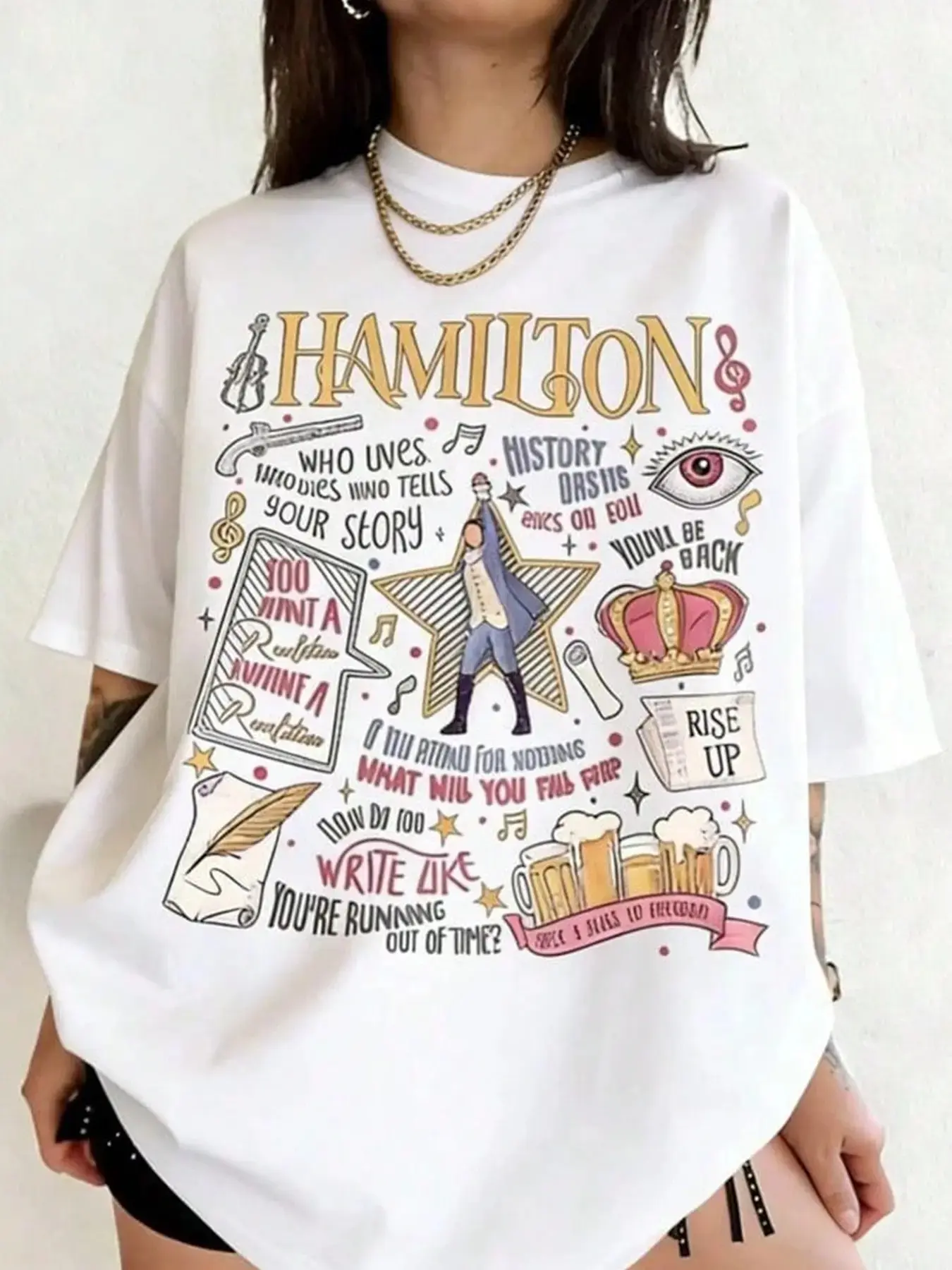 Women's Broadway Musical Hamilton Hand-Drawn Patchwork Print T-Shirt, Casual Loose Fit, Soft Breathable, Summer Daily/date/travel Wear