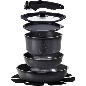 Ceramic Non Stick Pots and Pans Set,Nonstick Detachable Handle Cookware Sets,Healthy Non Toxic PFAS PFOA & PTFE Free, Dishwasher ＆Oven Safe, Induction Kitchen Pot and Pan, 8 Piece Grey
