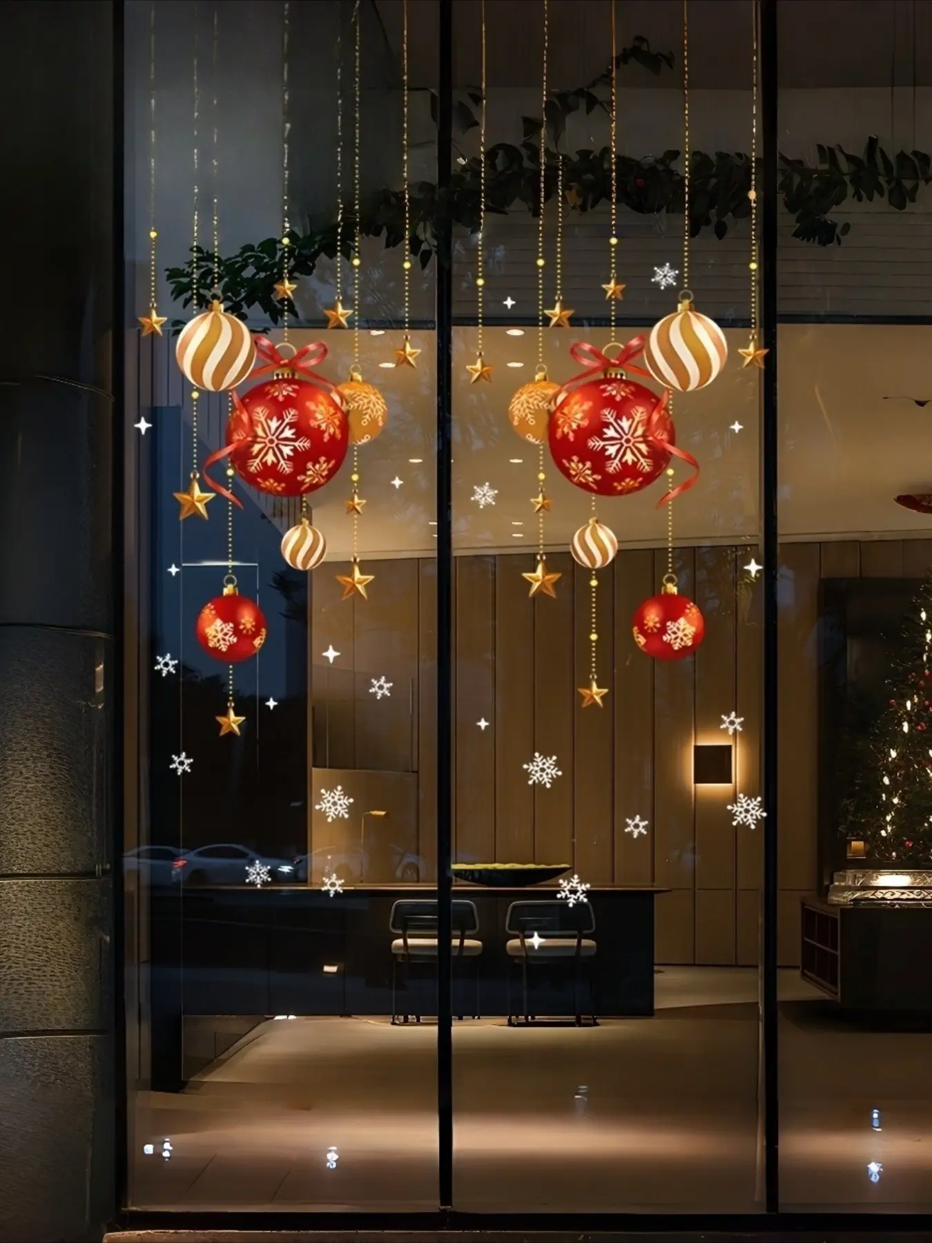 Contemporary Christmas Window Decals, Reusable PVC Glass Stickers, Snowflakes, Balls, Stars, Glossy Finish, Easy Static Mount, 5mil Thickness