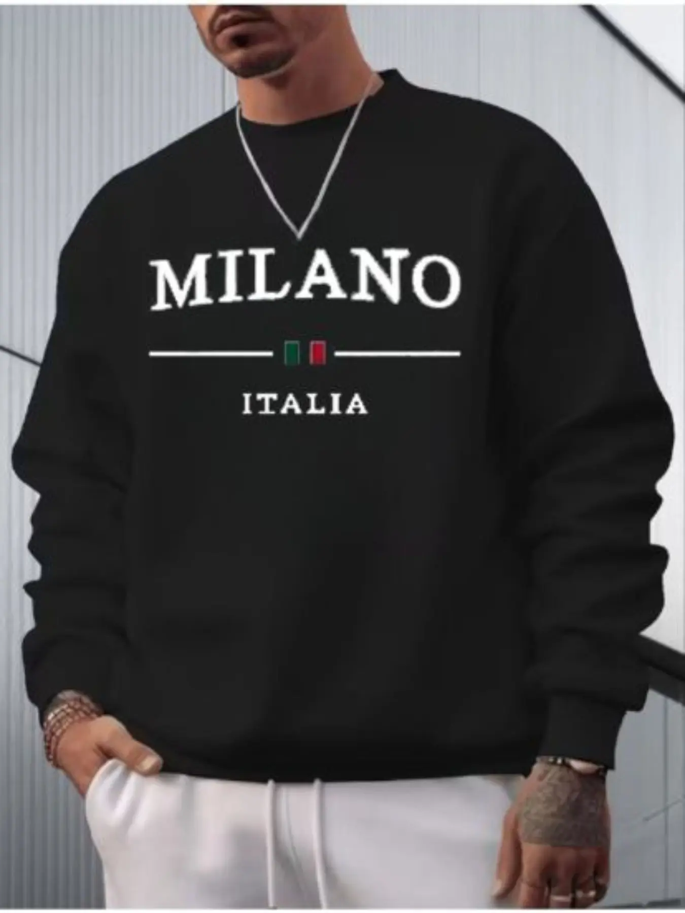 Men's Round Neck Pullover Sweatshirt, Milano Italian Flag Letter Print Long Sleeve Top, Vintage Casual Fitted Shirt for Spring & Fall