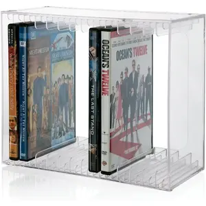 Stackable Clear Plastic DVD Organizer with Rubber Feet, Rectangular Holder Perfect for Theater Room, Holds up to 14 Standard DVD Cases, Made in USA
