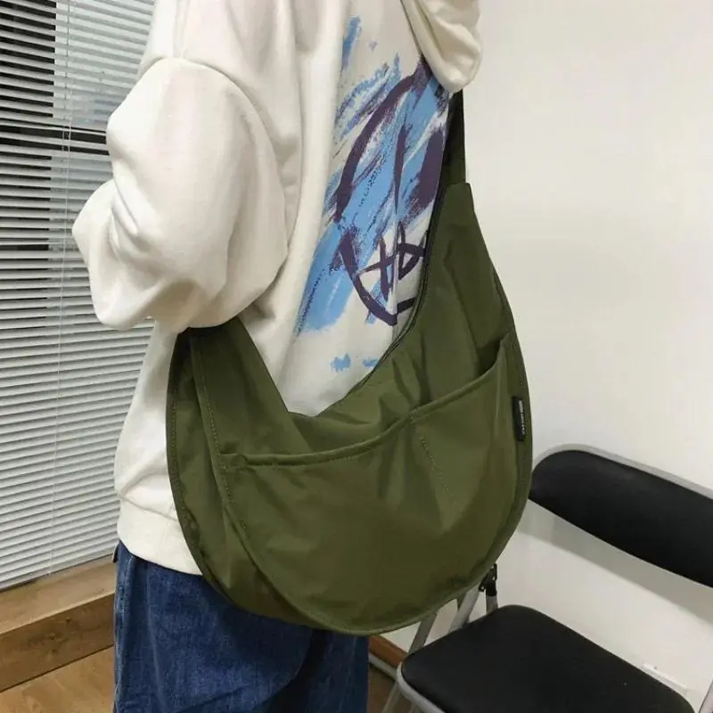 Y2k Crossbody Bags Men Solid Color Large Capacity Hobos Unisex Harajuku Japanese Style Nylon Waterproof Travel Shoulder Handbags