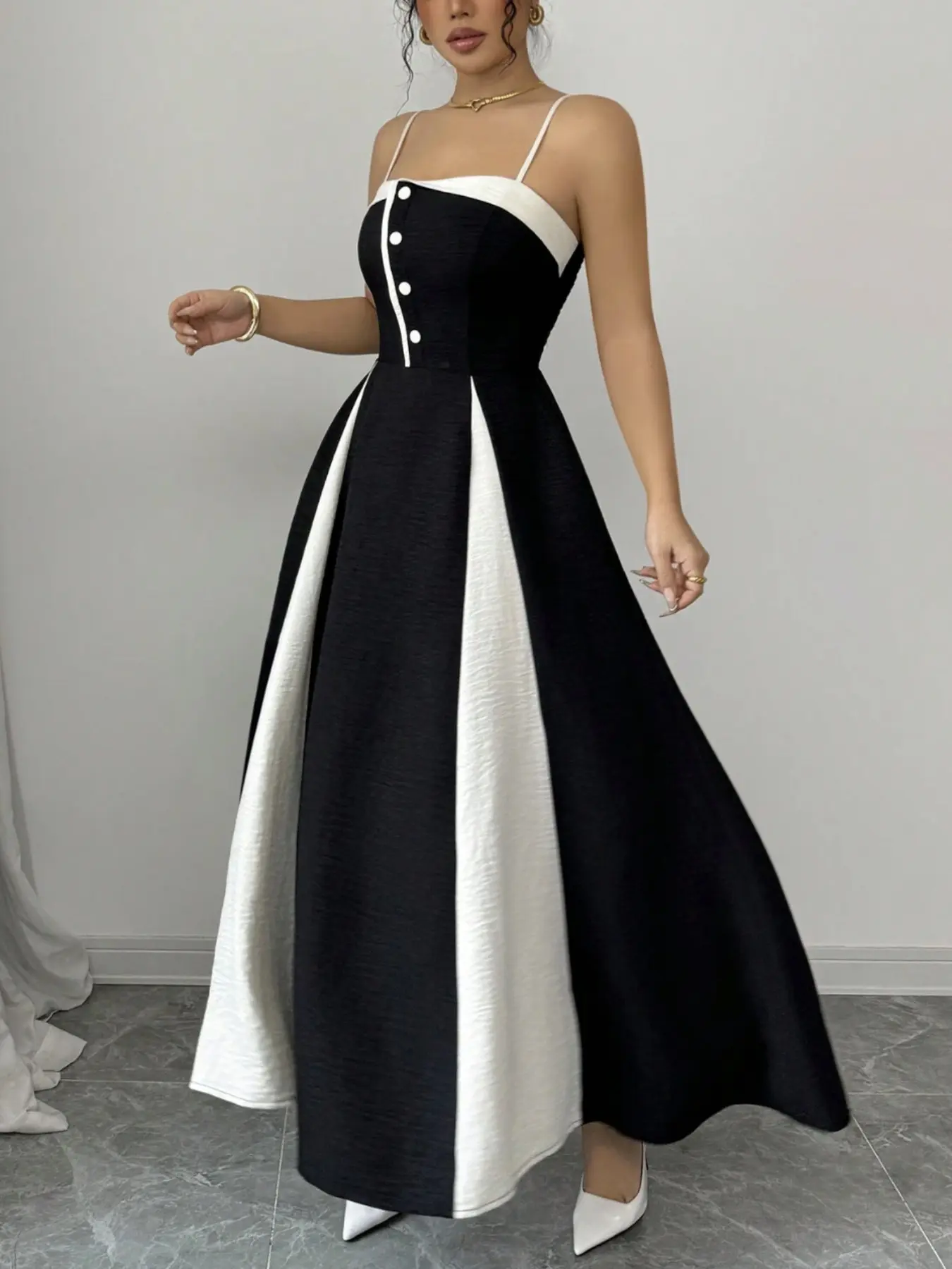 Vintage Hepburn Style Contrast Strap Button Waist Long Dress, Elegant Slim Fit Formal Dress, Perfect for Evening Parties and Dates, Elegance, Evening Formal Wear, Evening Party Dress