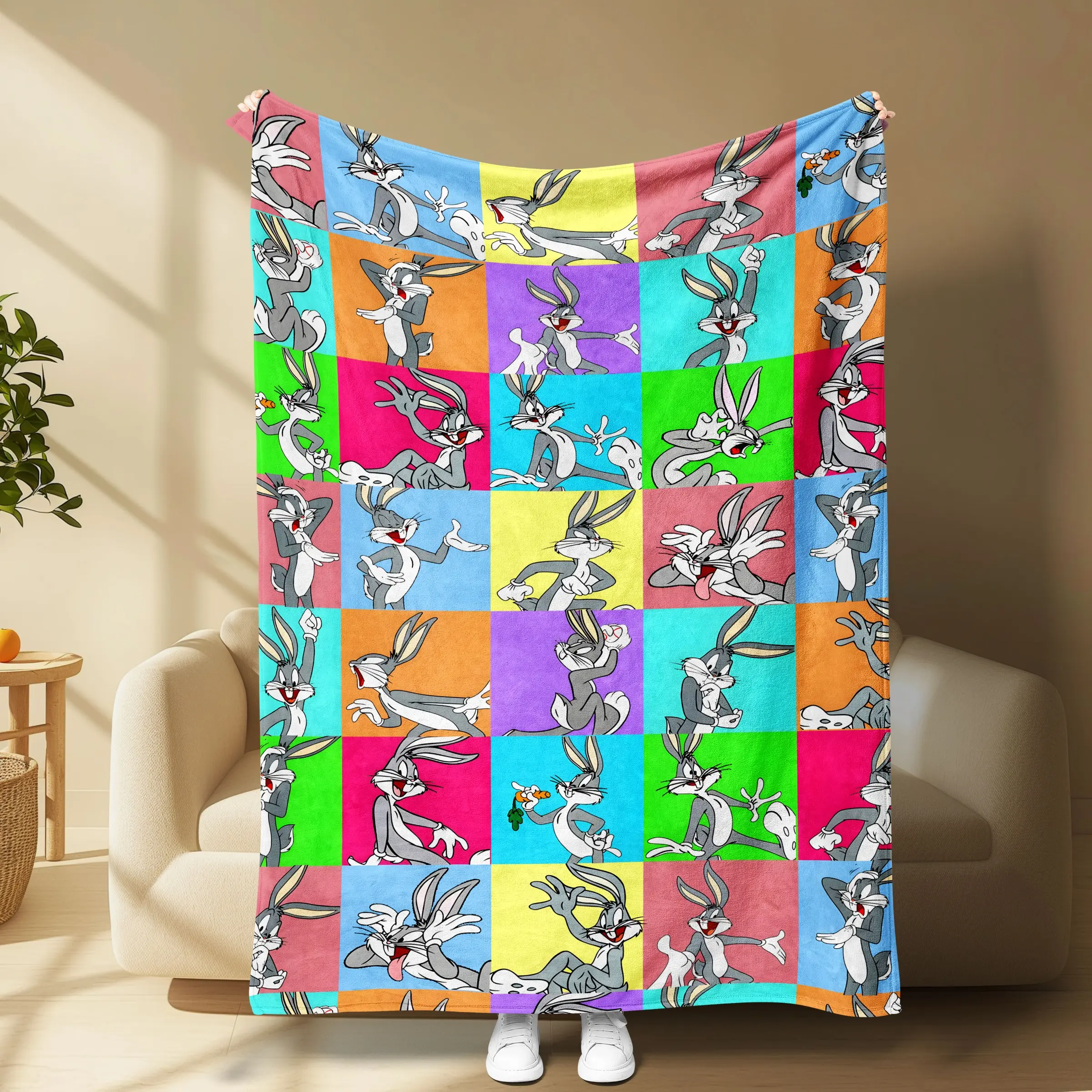 Bugs Bunny Rainbow Plaid Flannel Blanket, Cartoon Rabbit Print, Soft Cozy Throw, Retro American Style, Unisex, Perfect Gift, Flannel Printed Blanket