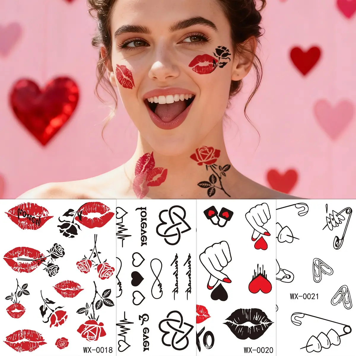 4 Pcs Waterproof Temporary Tattoo Stickers, Lip and Love Letter Fake Tattoos, Unisex Contemporary Style, Long-Lasting 24 Months
