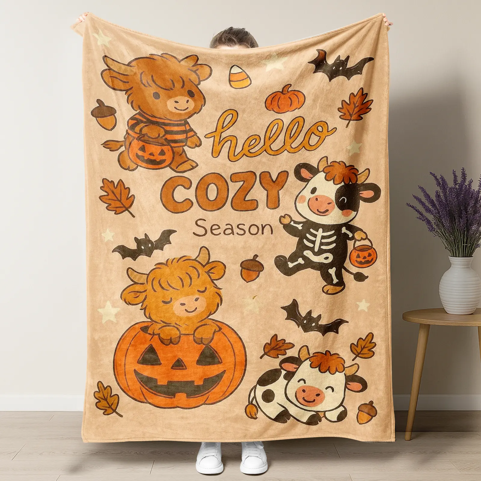 Hello Cozy Season Highland Cow Fall Throw Blanket,Cute Cartoon Halloween Baby Cow Pumpkin Bat Leaf Flannel Blanket,Soft Beige Farm Animal Blanket For Sofa Bed,Perfect Halloween Autumn Thanksgiving Gift For Girls Farm Lovers