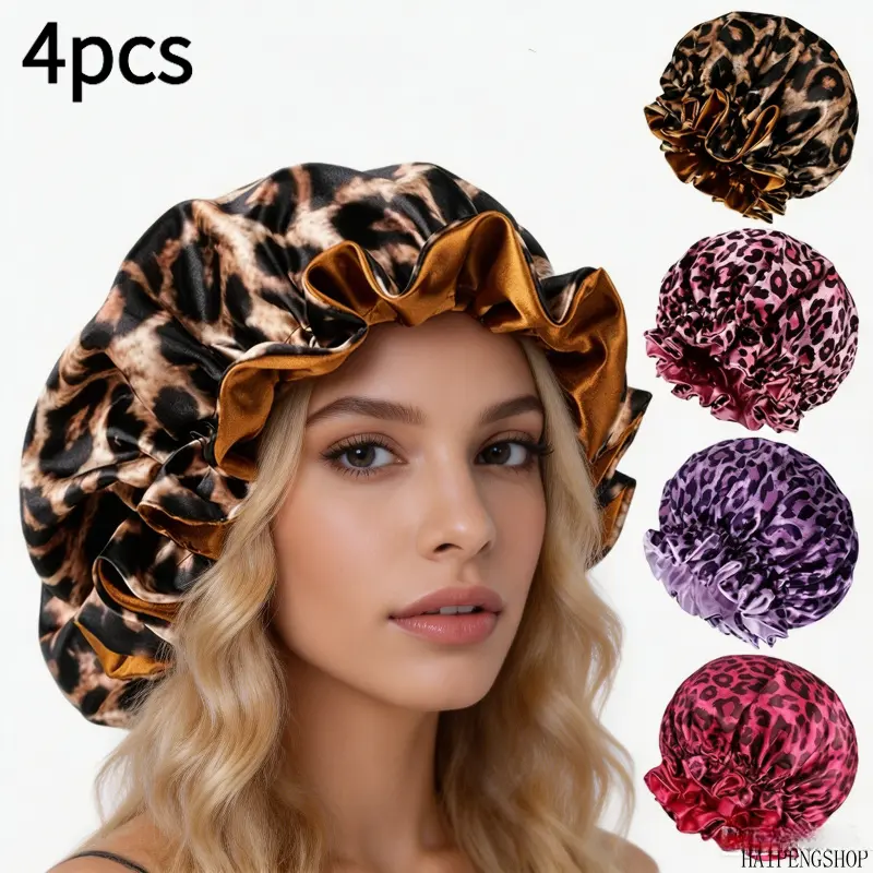 Women's 4-Pack Double Layer Reversible Satin Sleep Bonnet - Pink Leopard Print Extra Size, Bonnets for Sleeping, Curly Hair Nightcap, Soft Stylish Head Cover for Sleeping & Makeup, Soft Satin