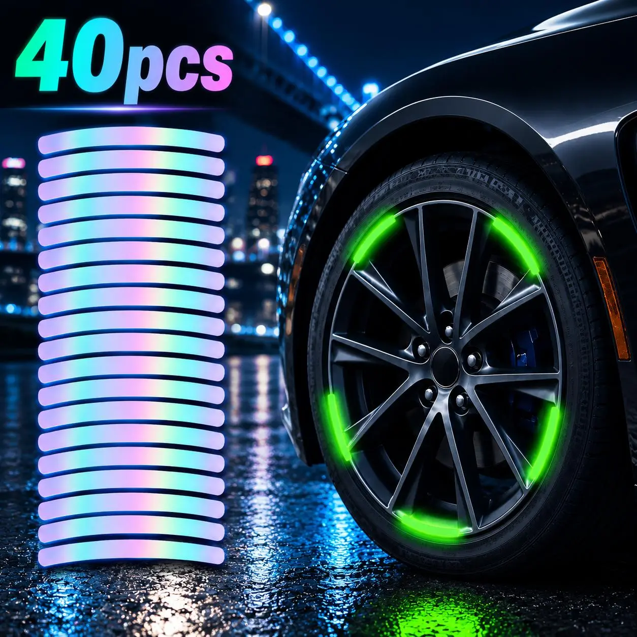 40Pcs Night Warning Reflective Stickers for Car Wheel Hubs, Motorcycle Tire Rim Safety Decals, Universal Reflective Stripe Tape for Night Driving, Riding, Road Visibility Decoration