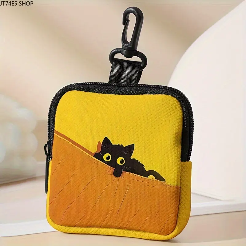 Cute Black Cat Print Faux Leather Coin Purse - Waterproof Mini Pouch for Earphones, Cards, Daily Travel