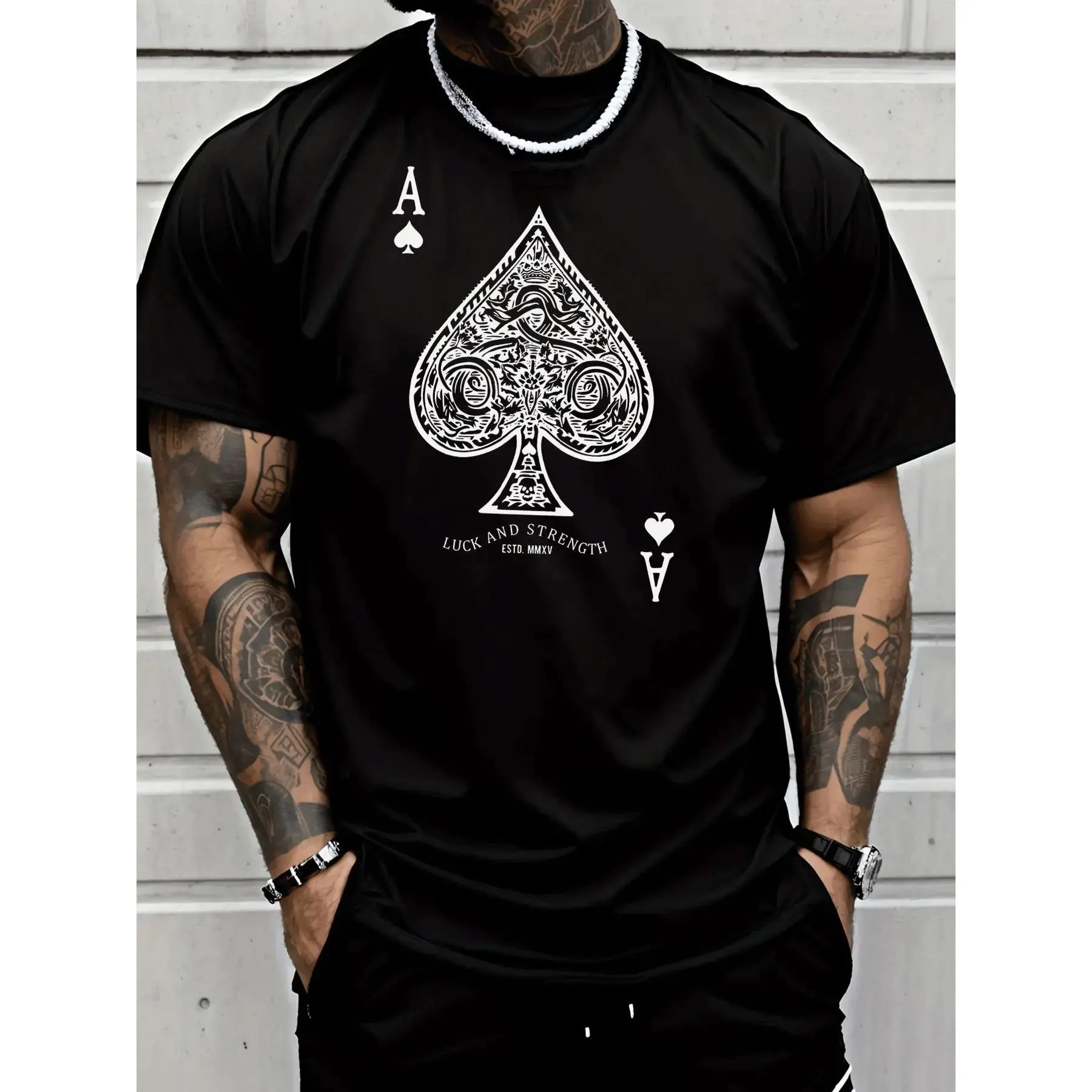 Ace of Spades Spade Lettering T-Shirt - Luck & Strength Symbol, Breathable Short Sleeve Casual Tee for Gym, Poker Nights & Casual Attire - Year-Round Comfortable Fit (Regular Cut) for Adult Men & - Iconic Poker Card Design Gift