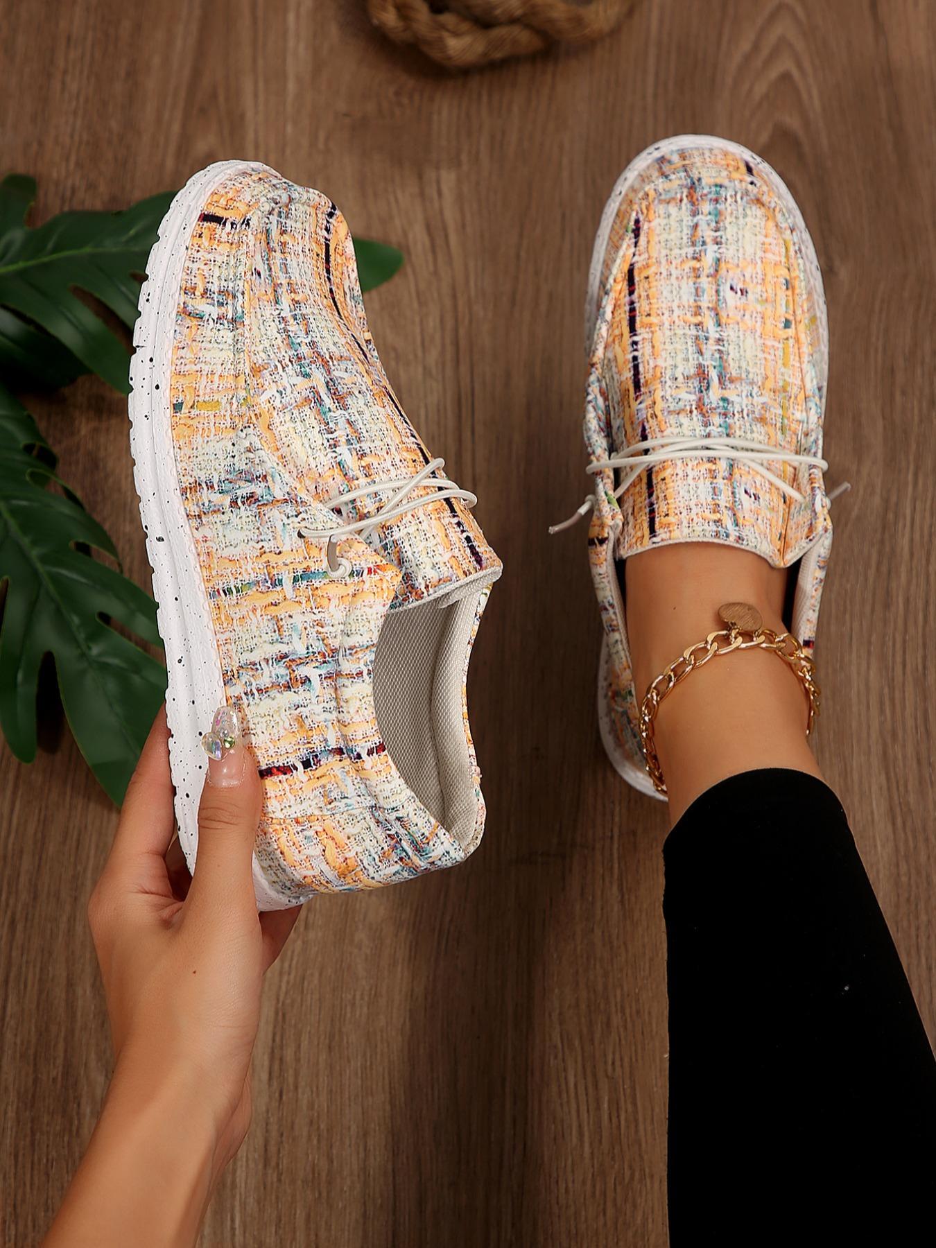 Women's Fashionable Plaid Pattern Lace Up Low Top Sneakers, Walking Shoes, Casual Comfortable Round Toe Shoes for Daily Wear, Female All-match Shoes for Daily Wear