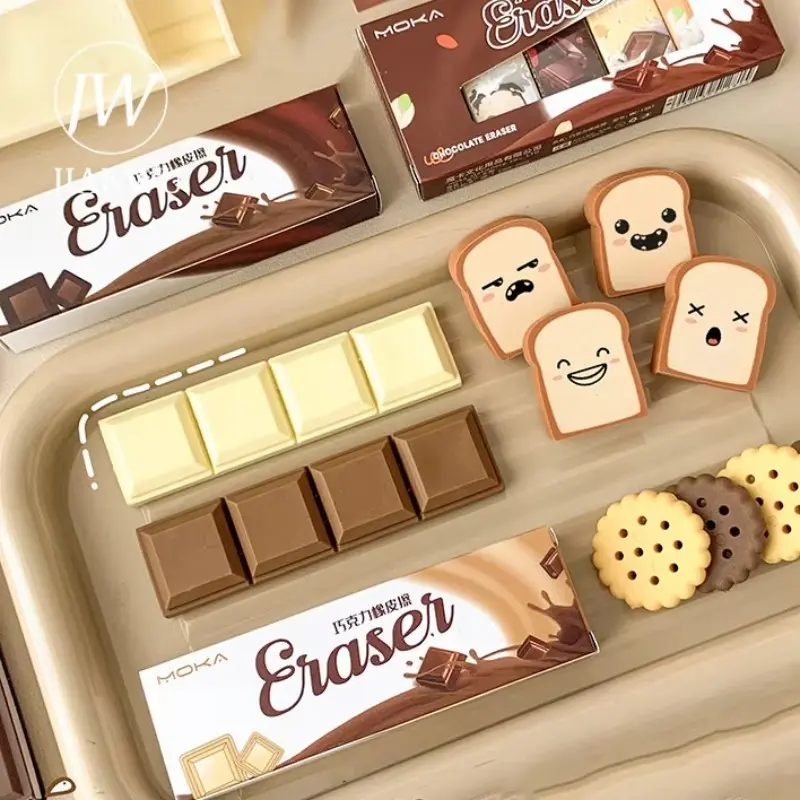 Cartoon Moka Chocolate Cookie Toast Eraser Set, Creative DIY Journal Supplies, Student Stationery, Essential Back-To-School Items