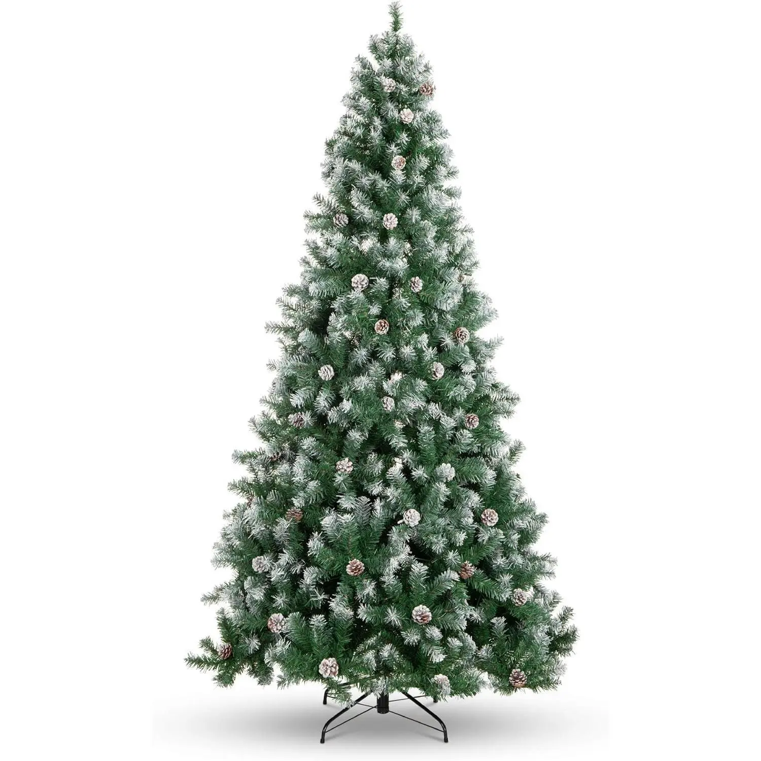 GARVEEPre-Decorated Holiday Christmas Trees in Sizes 4.5ft to 9ft, Featuring Partially Flocked Design, Pine Cones, Metal Hinges & Base, with PVC Branch Tips Ranging from 450 to 2028 for Home, Office, and Party Decoration
