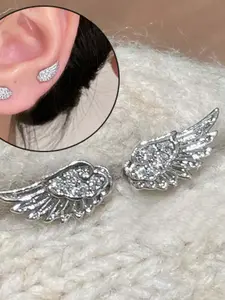 2pc Unique Design Wing Earrings, Dual Ear Piercing, Stackable Ear Bone Studs, Niche Personalized Fashion, Silver Color Earrings for Girls Women