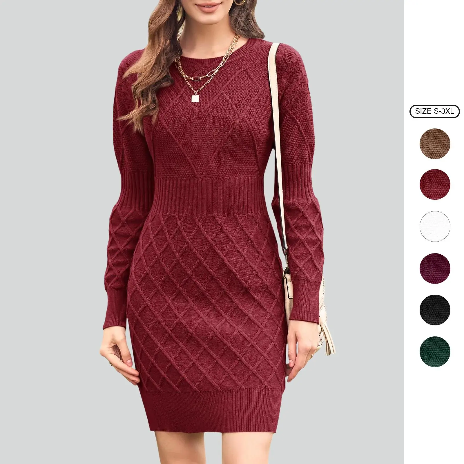 Imily Bela Womens Sweater Dress Long Sleeve Diamond Knit Pullover Sexy Slim Fit Crewneck Mini Dress