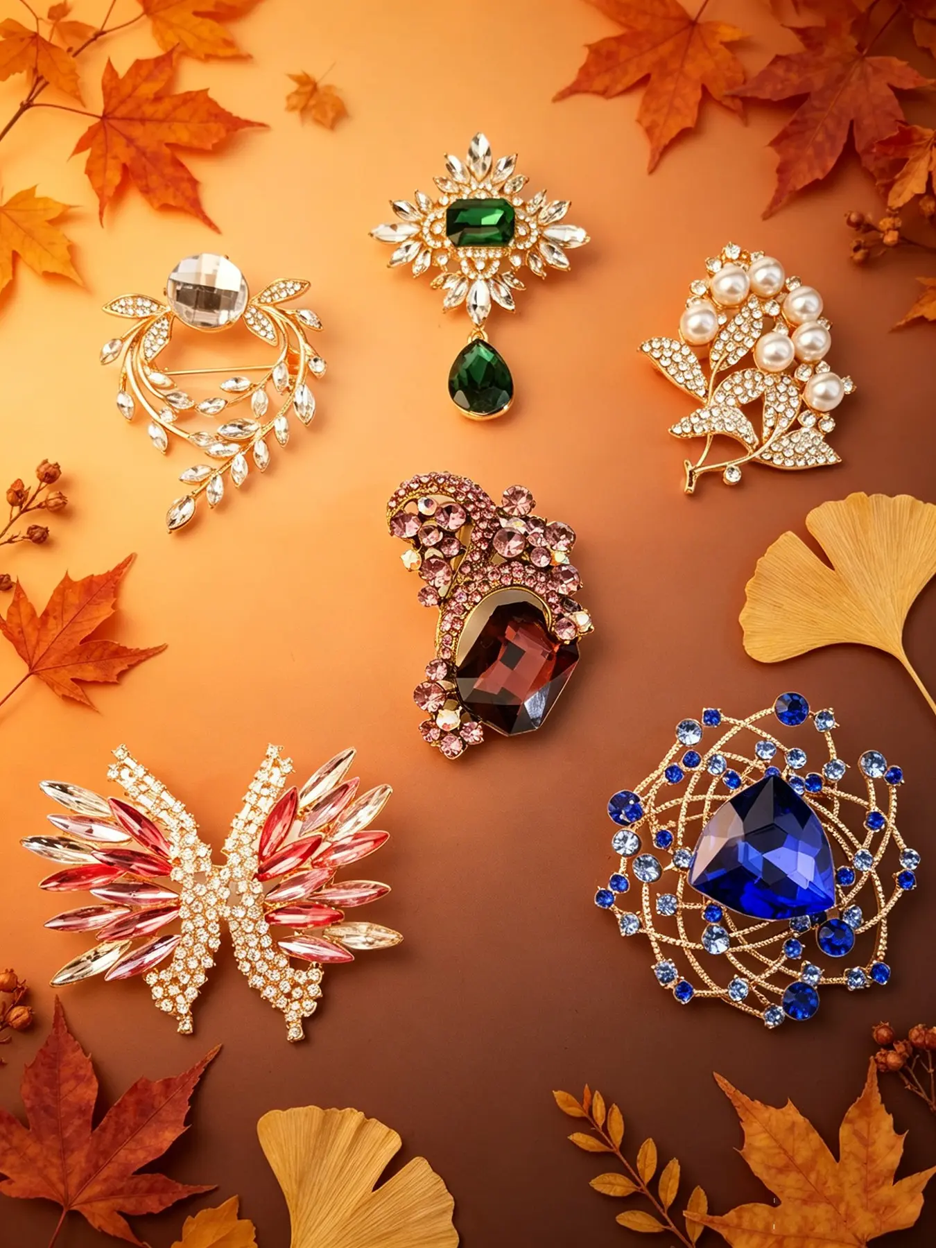 6pcs Multi-Color Crystal Rhinestone Brooch Set, Luxury Statement & Vintage Elegant Style, Assorted Floral Butterfly & Geometric Shaped Lapel Pins with Faux Pearls & Sparkling Gemstones, Versatile Decorative Brooches for Women, Ideal for Weddings, Bridal E