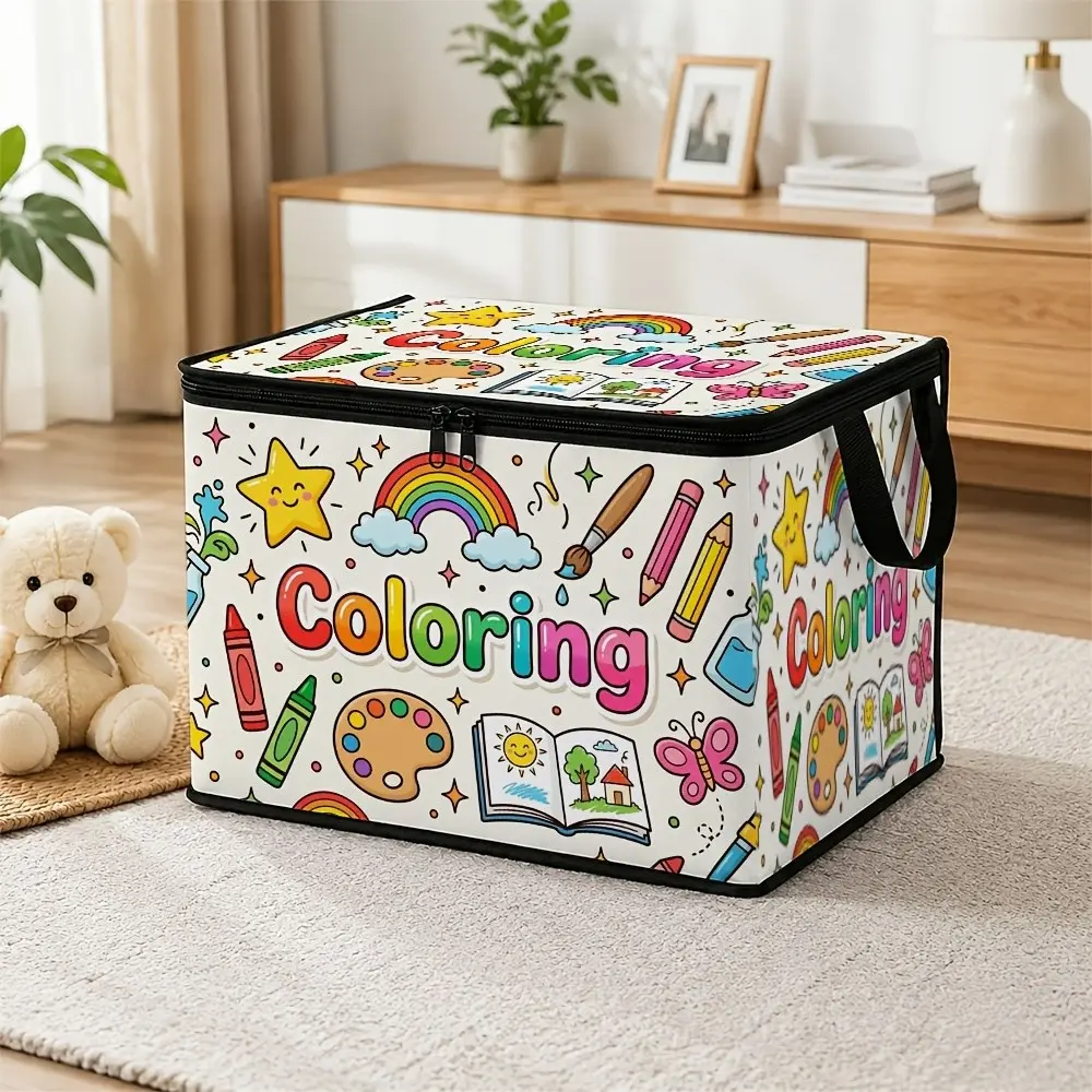 1 Folding Storage Box (Large-capacity zipper storage bin, suitable for storing clothes and blankets. Made of soft polyester fabric, equipped with a removable divider for coloring supplies, ideal for under-bed storage) Foldable Organizer Box