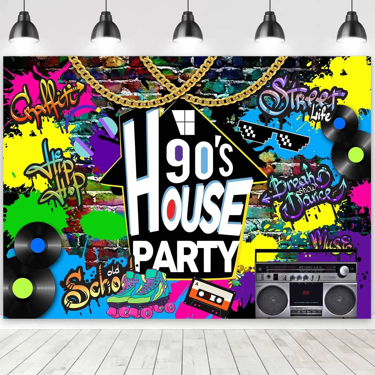90s House Party Backdrop Print - Street Hop Graffiti, Retro Radio Brick Wall Design, Lightweight Curtain for Happy Birthday Decorations, Photo Studio Props (6x4ft)