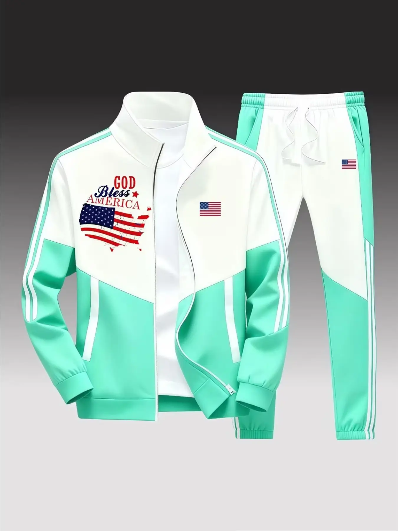 Men's 2-Piece Sports Set, Usa Flag Print, Stand Collar Zipper Jacket + Sweatpants, Side Stripes, Casual Patriotic Running