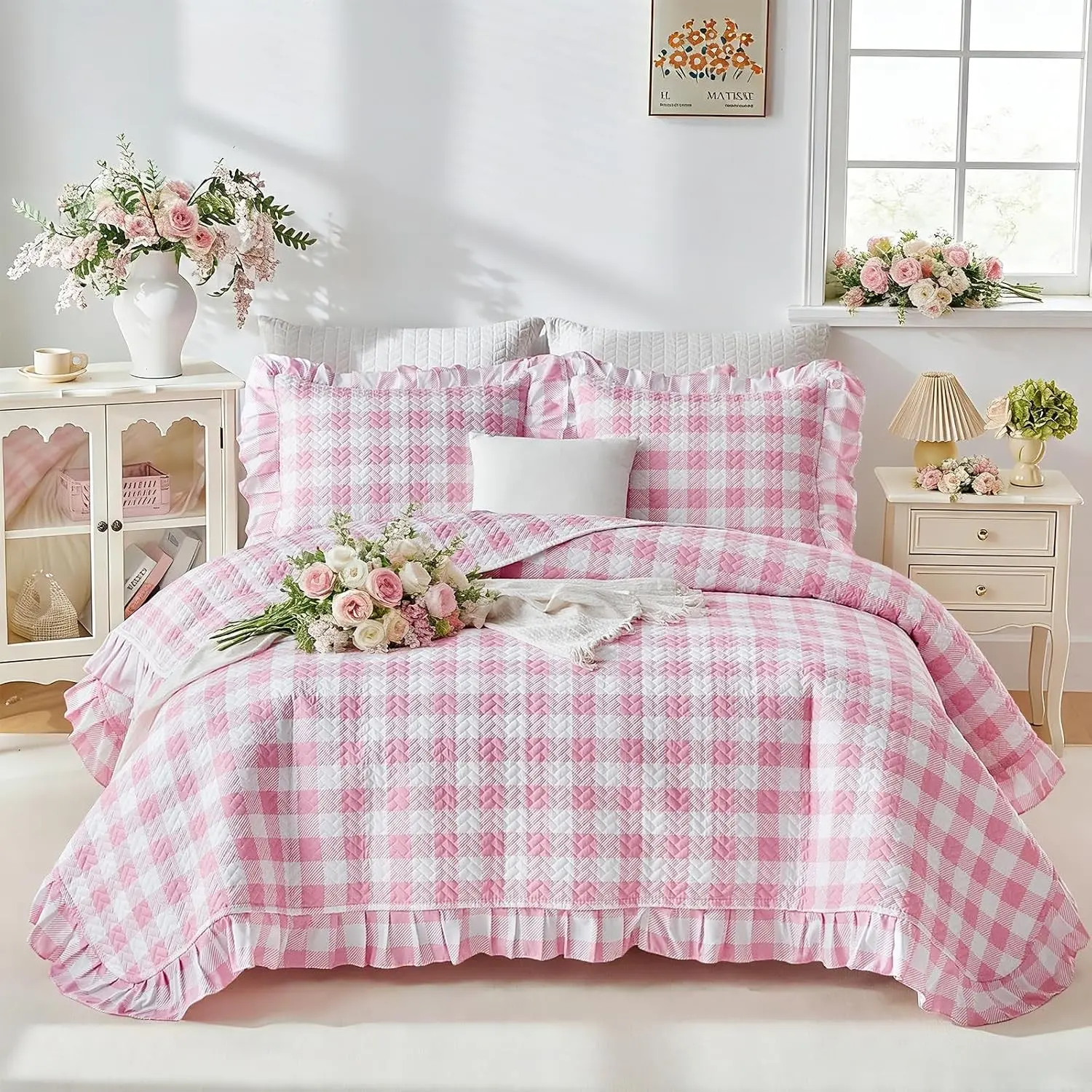 2pcs Ruffle Quilt Set Twin, Pink Gingham Plaid Ruffled Design for Girls, Soft Cozy Microfiber Farmhouse Bedspread Coverlet for All Season- 68x88 inches