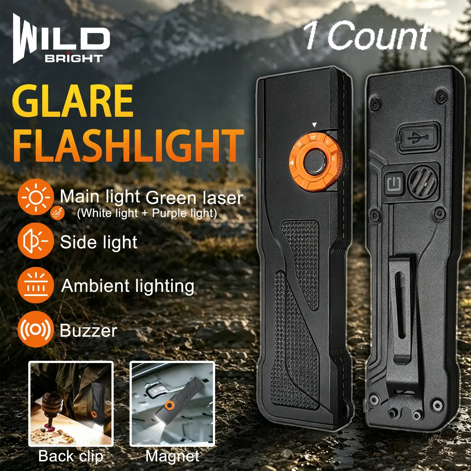 Wild Bright 1-pack high-intensity, Super bright flashlight, rechargeable maintenance work light, equipped with green laser, purple light lamp, magnetic back clip alarm, suitable for maintenance, camping, emergency lighting