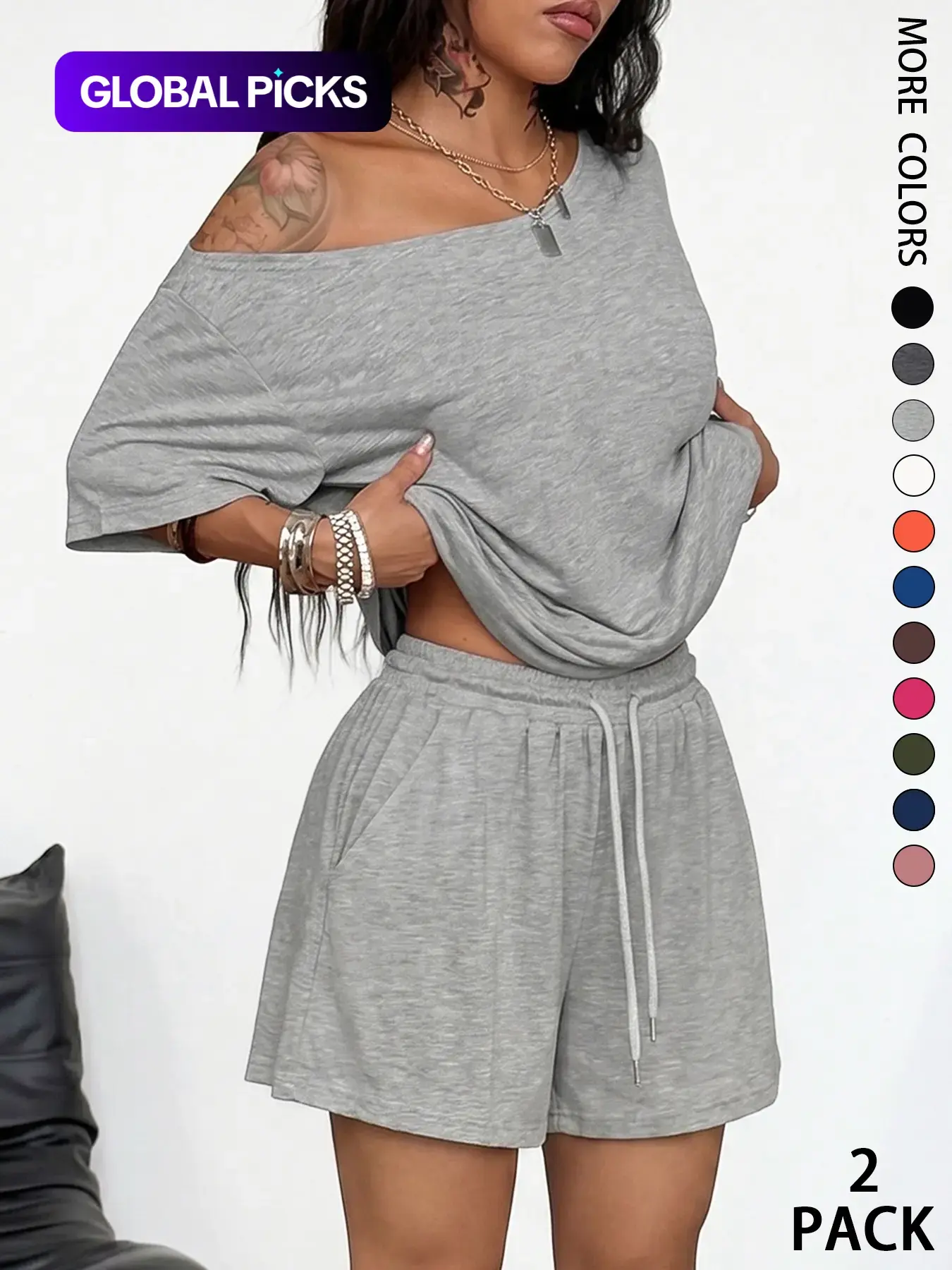 2-Piece Women's Minimalist Basic Daily Wear, Comfortable Loose Off Shoulder T-Shirt and Shorts Outfits, Casual for Summer Going Out and Sports, Trendy Ladies Fashion Ensemble #GLOBAL PICKS