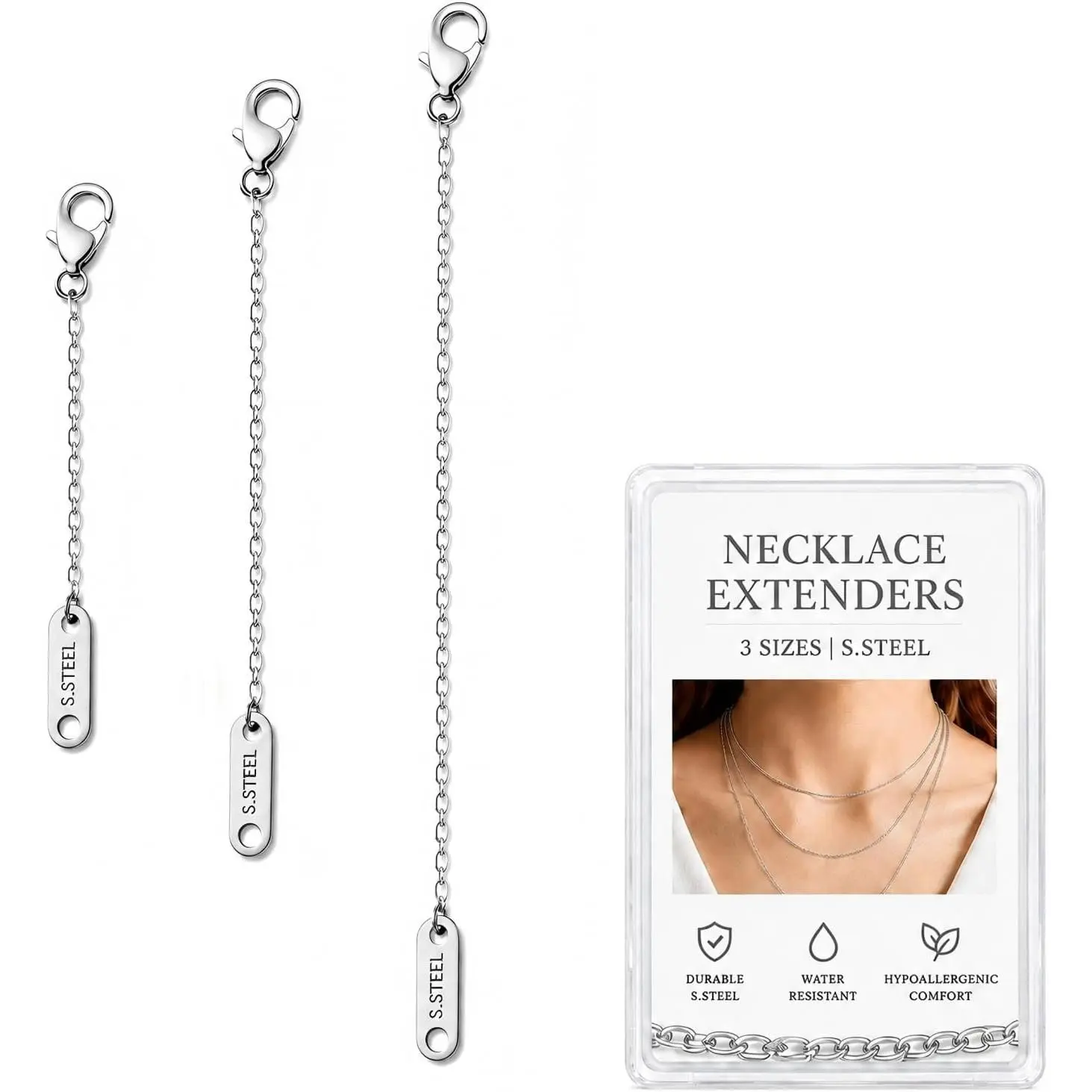 3 count  Necklace Extenders for Women, Stainless Steel Necklace Extension Chains 2 4 6 Inch, Adjustable Necklace Lengthener with Lobster Clasp for Chokers, Pendants, Layered