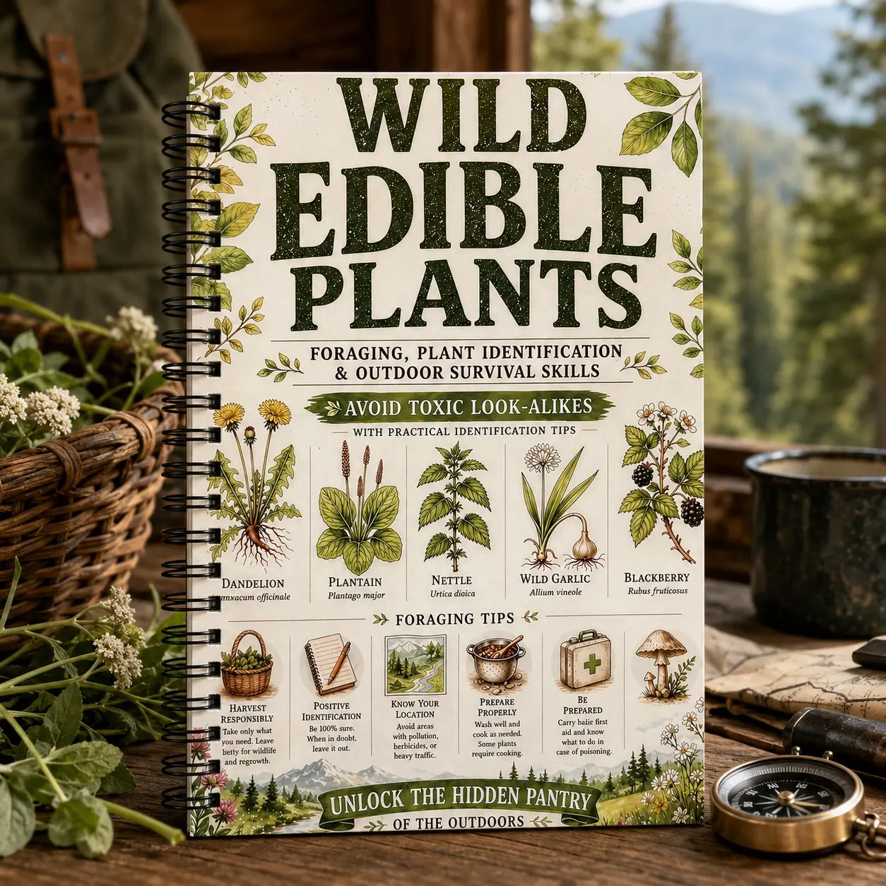 Wild Edible Plants Guide Book, Compact Size, Portable, Plant Identification & Outdoor Survival Manual, Avoid Toxic Similar Plants, Beginner Friendly Field Guide, Herbal Foraging Skills