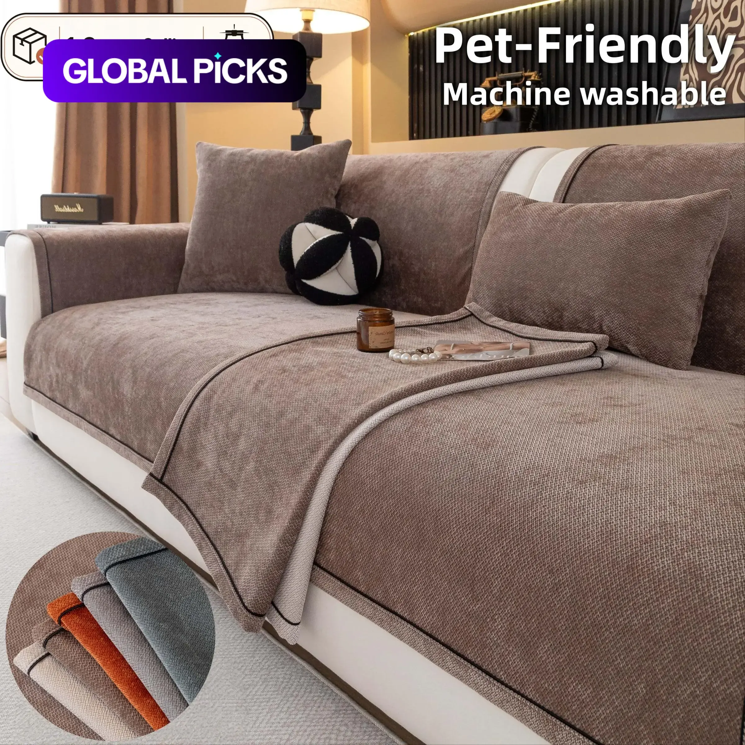 Solid Color Chenille Pet-Friendly Non-Slip Sofa Covers, Sectional Sofa Slipcovers, Machine Washable Soft All-Season Furniture Protector for Dogs & Cats, Fits Armchair, Loveseat, 2/3/4-Seater & L-Shaped Sectional