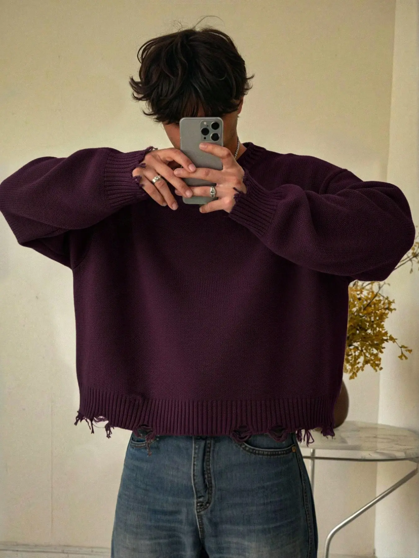 Fall & Winter Unisex Street Fashion Long Sleeve Ripped Knit Sweater Pullover, Loose Fit Comfortable Cleanfit Round Neck Top, Knitwear