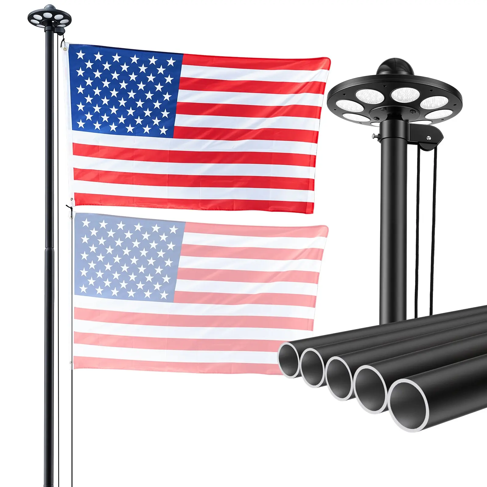 VEVOR 25ft Heavy-Duty Sectional Aluminum Flag Pole Kit, In-Ground Outdoor Flagpole with 136 LED Solar Light, 3x5 American Flag for Residential Use, Black