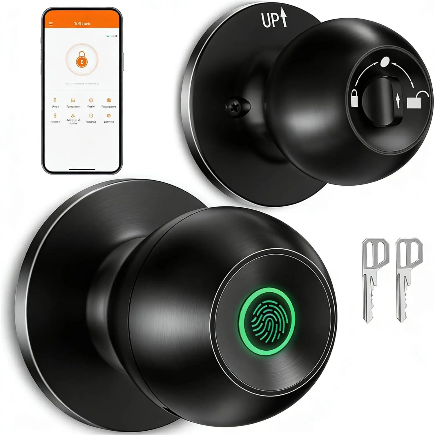 Smart Door Knob, Fingerprint Door Knob, Biometric Smart Door Lock with App Control, Metal Alloy Door Knobs, Easy Installation, Great for Bedrooms, Cloakroom, Apartments Offices, Hotel(Black)