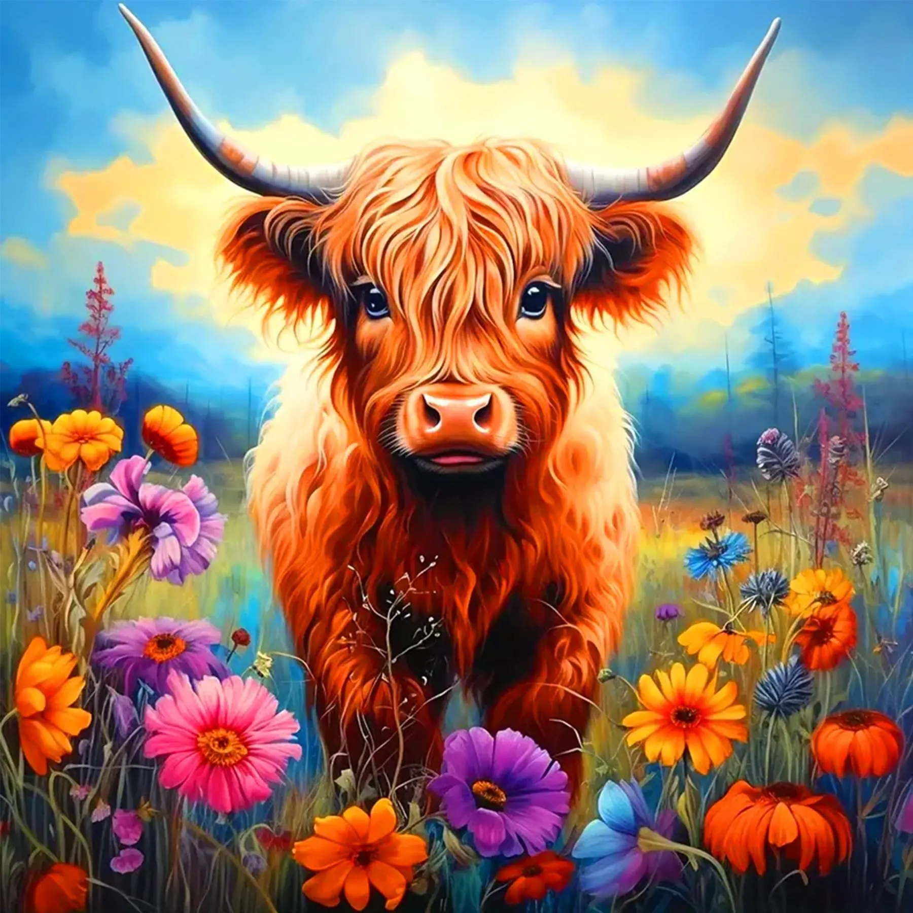 5D Diamond Art Kits for Adults, Highland Cow Painting for Beginners, DIY Full Round Drill Diamond Dots, Dimond Art Paintings, Gem Paint by Diamonds Kit, Cute Fluffy Cattle Wildflower Meadow, Farmhouse Decor Gifts