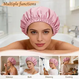 Women's Satin-Lined Reusable Waterproof Shower Cap, Large Washable Bath Cap with Soft Elastic Band for Long Hair Braids