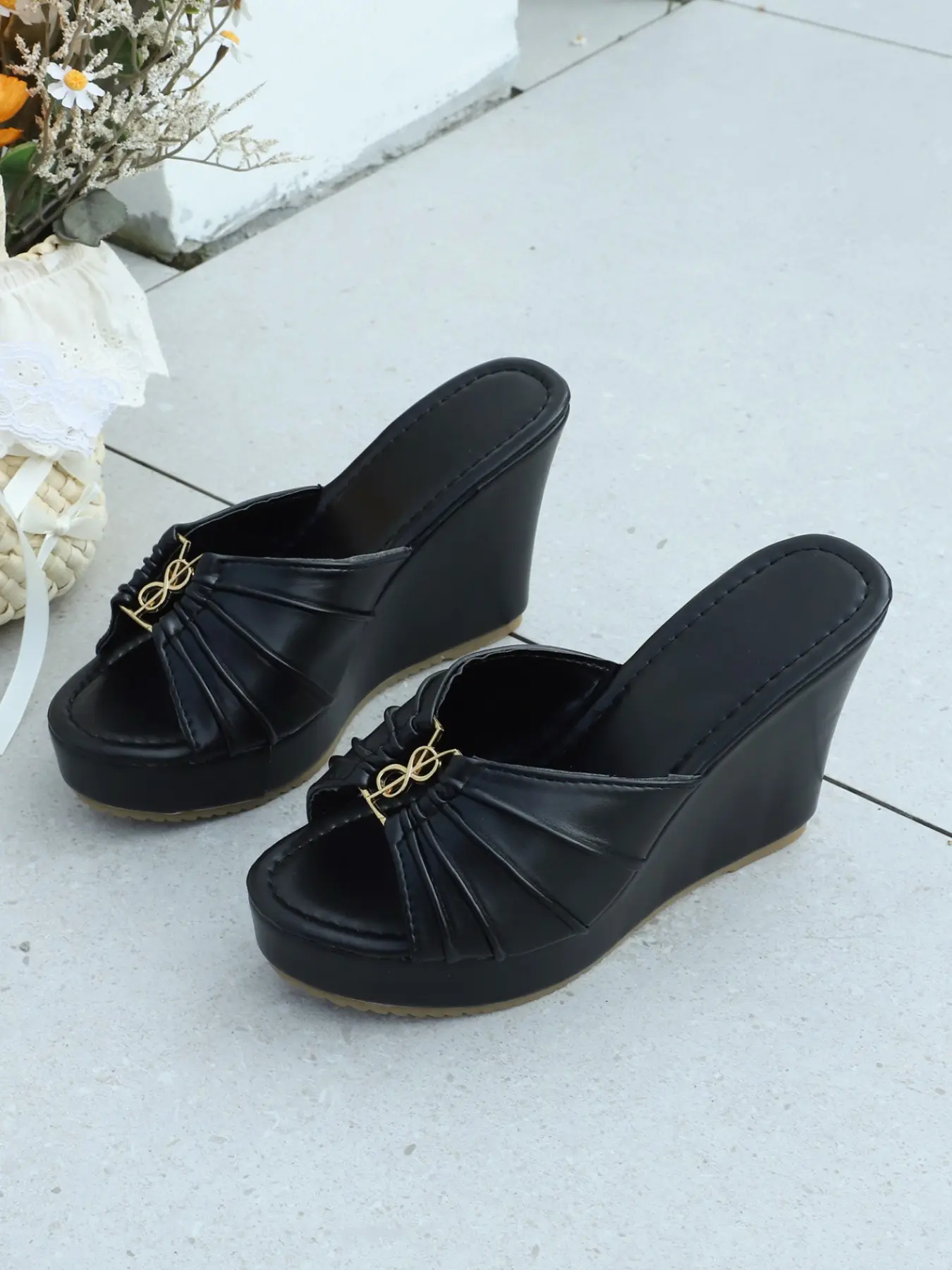 Women Ruched Pleated Strap Gold Decor Buckle Open Toe Platform Wedge Slide Sandals, Non Slip Cushioned Thick Sole Slip On Wedges, Daily Shopping Beach Summer Casual Stylish Footwear, 2 Colors Black White