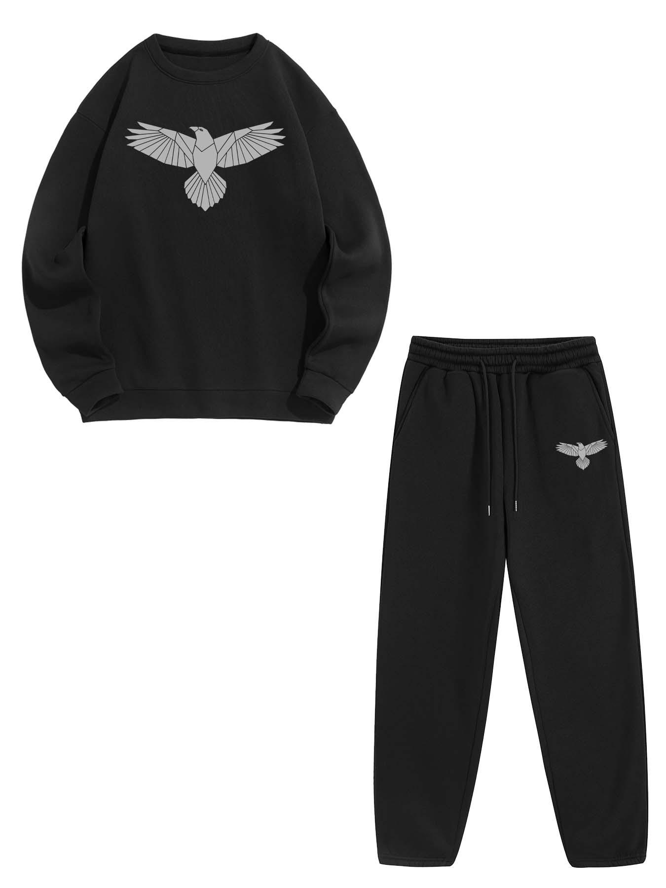 Men's Eagle Print Drop Shoulder Sweatshirt & Pocket Sweatpants Two-piece Set, Loose Casual Fashion Cozy Two Piece Outfits for Daily Outdoor Wear, Men's Clothing for Spring Fall