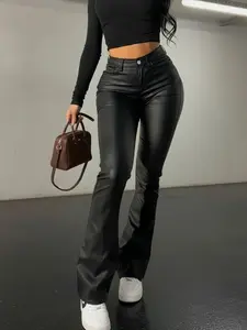 Women's High-Waisted Elastic PU Leather Pants, Fashion Y2K Slim Fit Flare Long Pants, Sexy Street Style, Perfect for Parties and Events