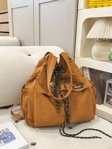 Simple University Student Backpack, Large Capacity Trendy Crossbody Shoulder Bag, Casual Nylon Drawstring Design, All Seasons Use