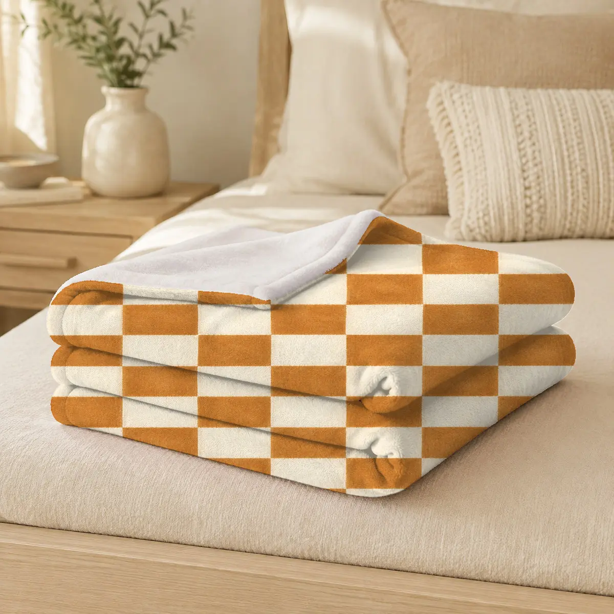 Caramel and Cream Checkerboard Print Flannel Throw Blanket, Lightweight Sofa Accent, neutral checkered decor, caramel bedroom