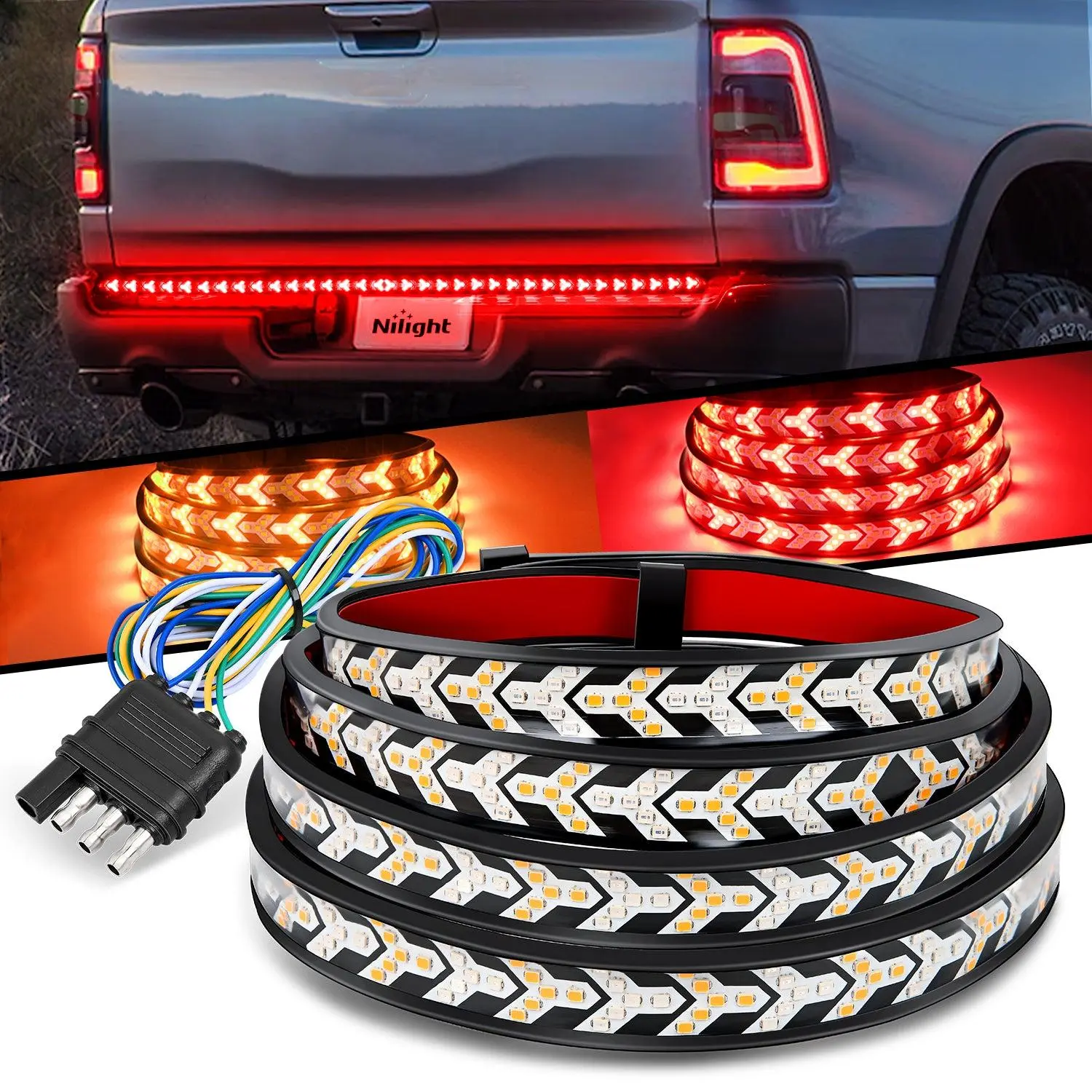 Nilight Truck Tailgate Light Strip - 60in Arrow Shape Sequential Taillights, 540 LED Car Lights with Red Running Brake, Amber Turn Signals, Strobe Functions, Peel and Stick & Screws Installation, Trucks/Suvs