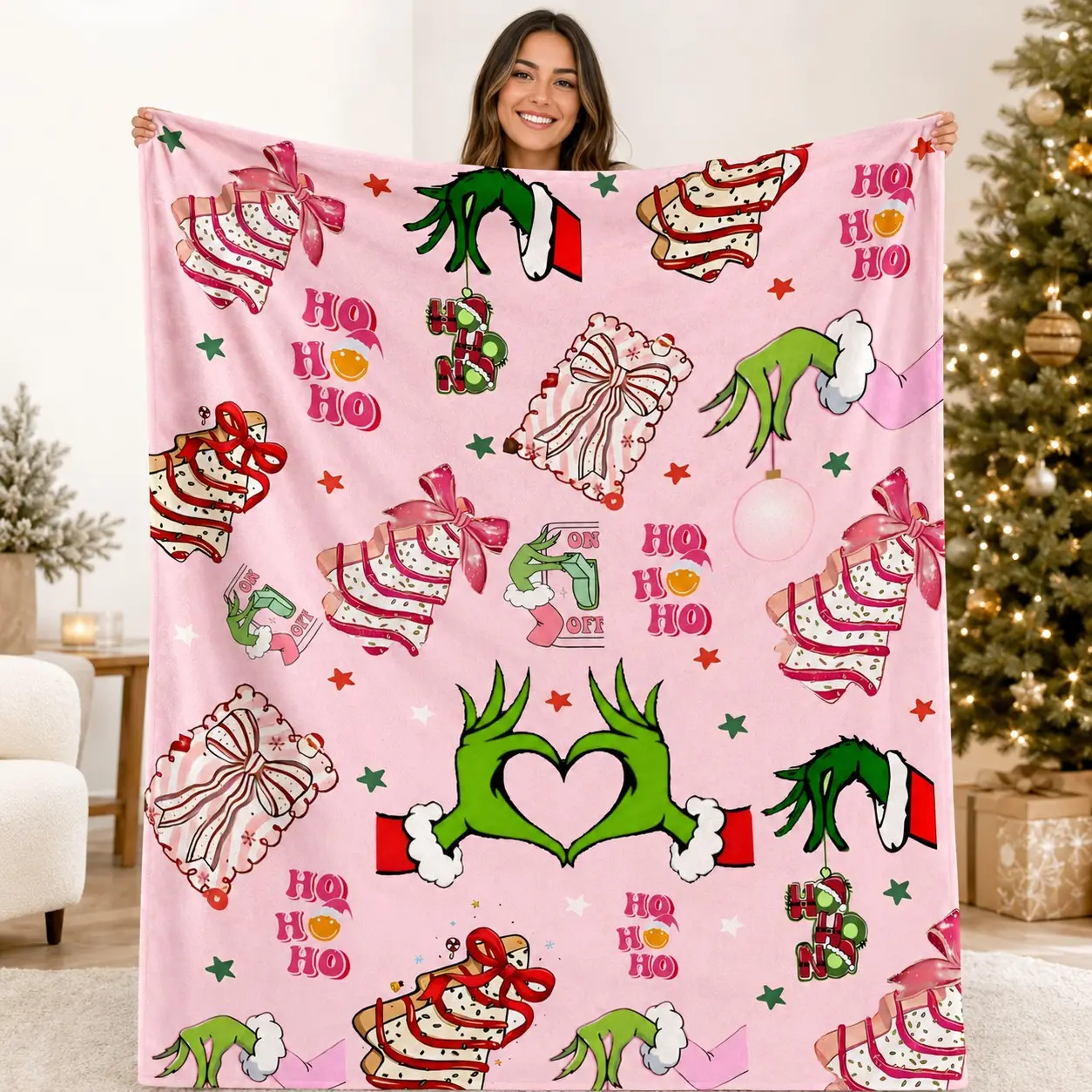 1pc Pink Grinch Christmas Cartoon Fleece Blanket, Printed with Grinch Hands, Bow Christmas Tree Cake, Xmas Bauble Festive Elements. Soft Warm Nap Blanket for Sofa, Bed, Office, Shawl, Camping & Travel, Ideal Christmas Gift.