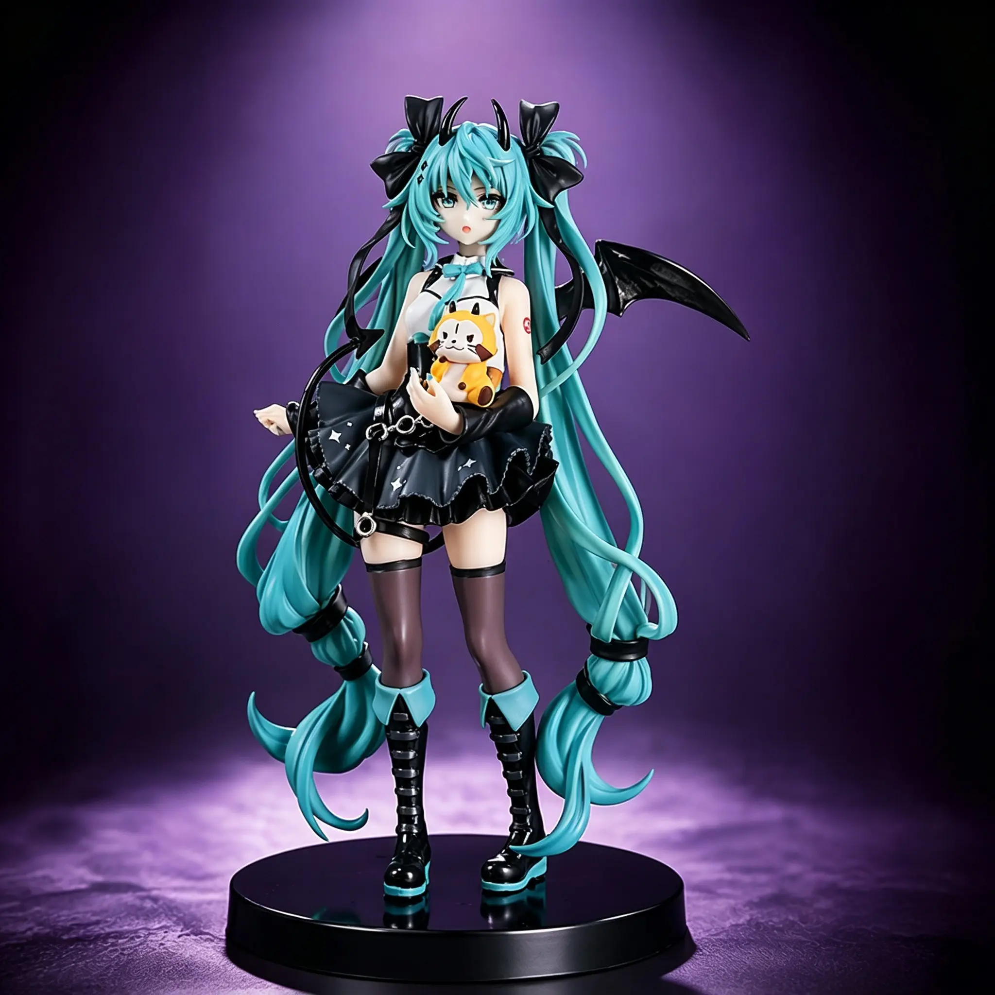 Hatsune Miku Devil Style Bear Hug Figure, 19cm Height, Twin Tails, Bow, Demon Wings, PVC Material, Perfect for Collection, Collectible Figurines