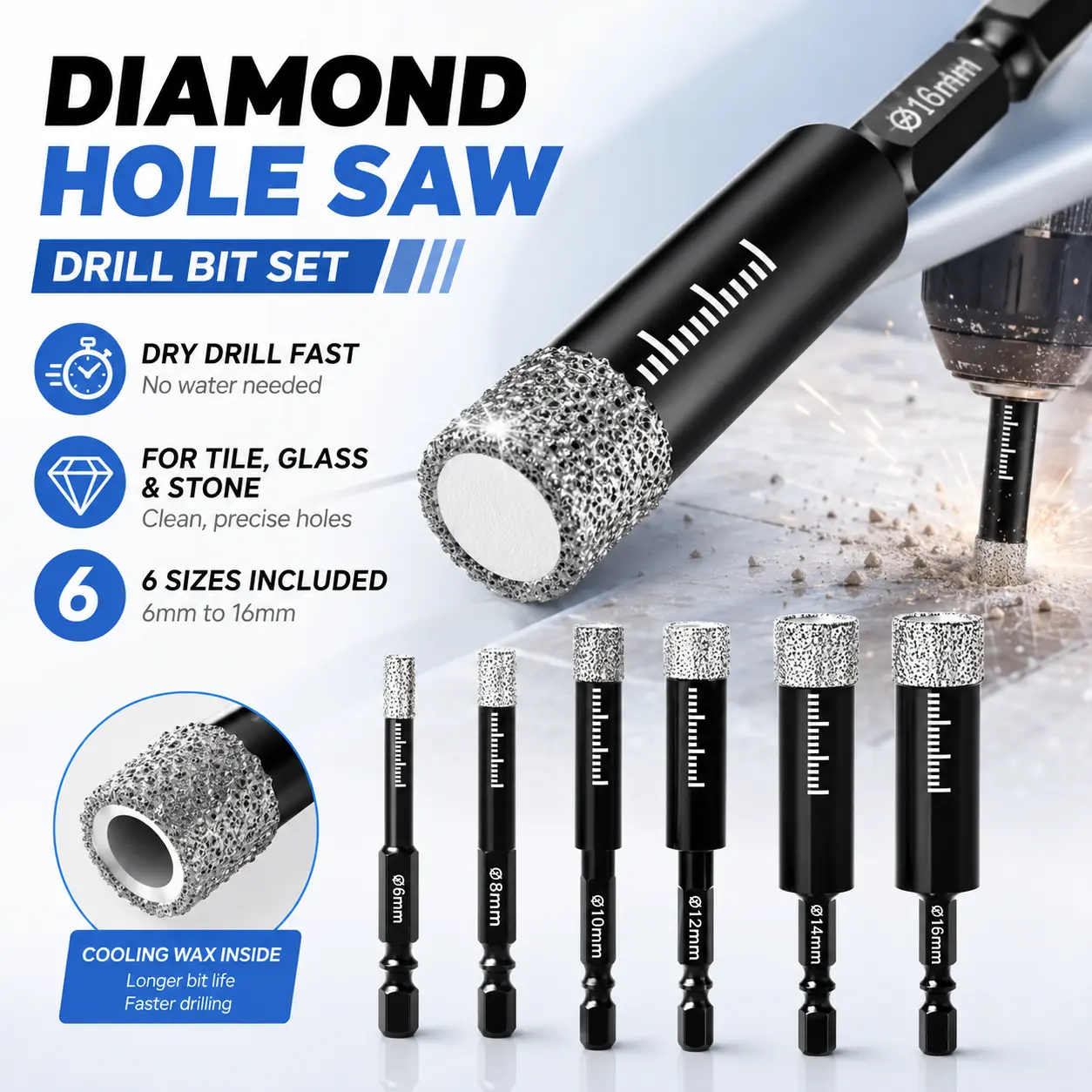 6 Pcs Diamond Drill Bits Set, 1/4 5/6 3/8 1/2 Inch Brazed Diamond Drill Bits for Precision Drilling in Tile, Ceramic, Glass, Granite, Marble, Masonry - YY2