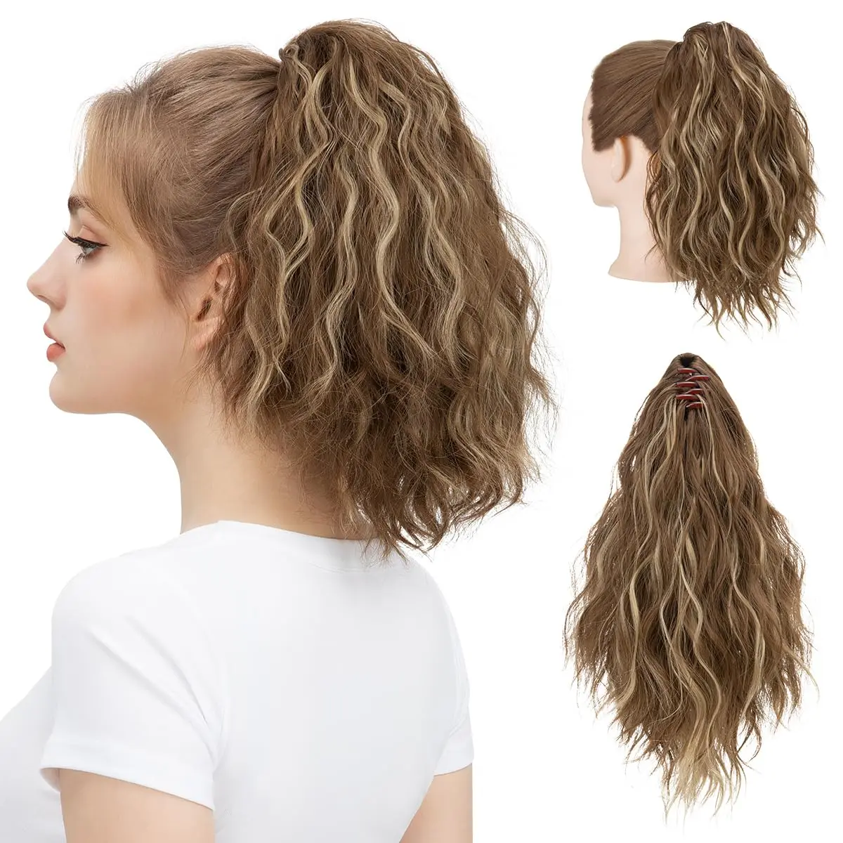 Short Ponytail Extension Claw Clip in 13 Inch  Synthetic Curly Wavy Pony Tail Hairpiece for Women Brunette/Ash Blonde