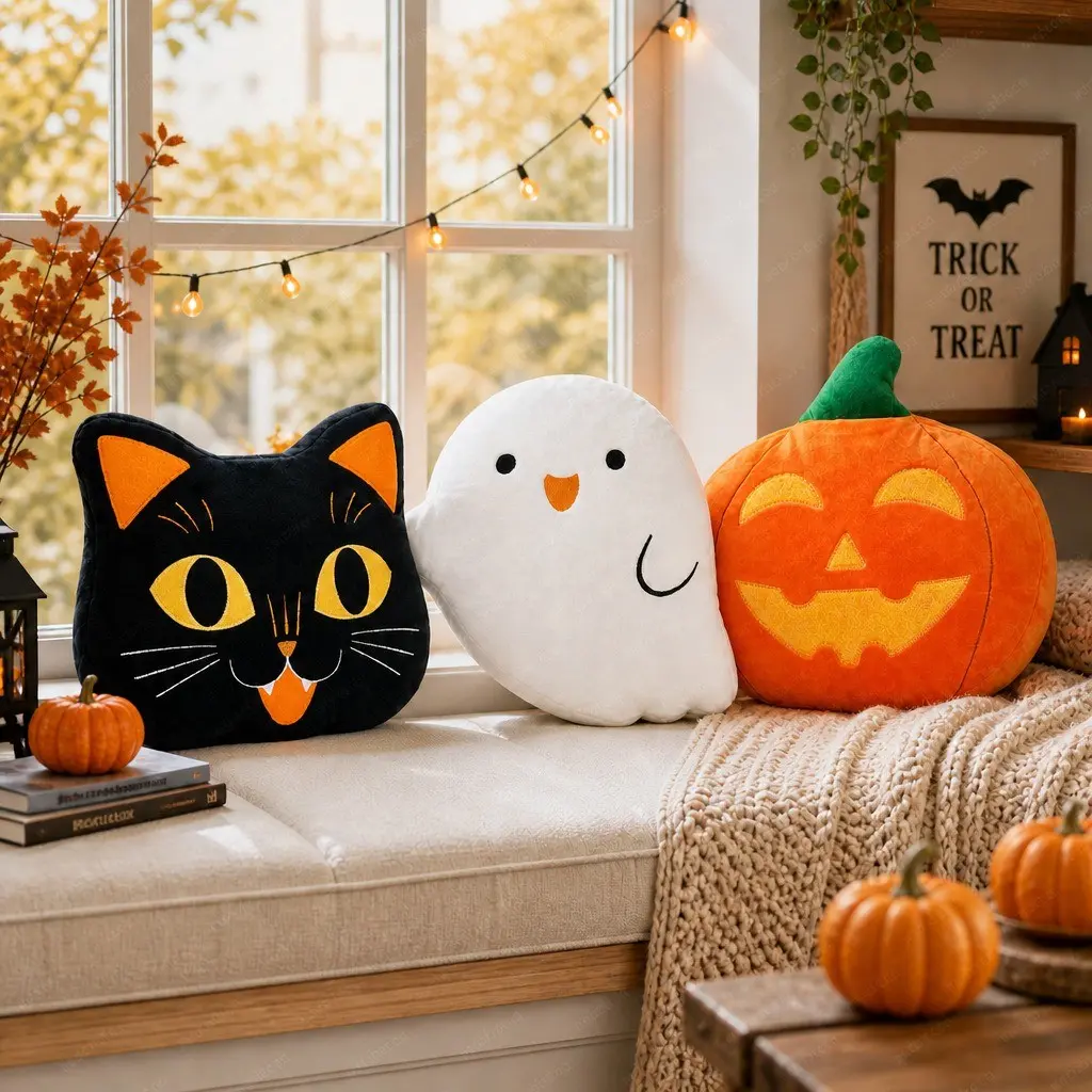 Halloween Pumpkin Cat Ghost Pillow Cushion, Sofa Accent Pillow, Halloween Decorative Pillow, Cozy Cat Theme Pillow