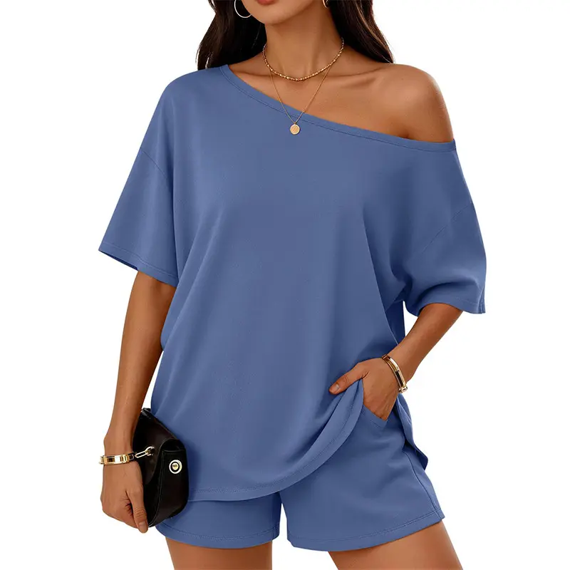 Trendy Off Shoulder Two Piece Lounge Matching Set for Women, Soft Breathable Loose Top Slim Shorts, Spring Summer Daily Casual Home Relax Wear